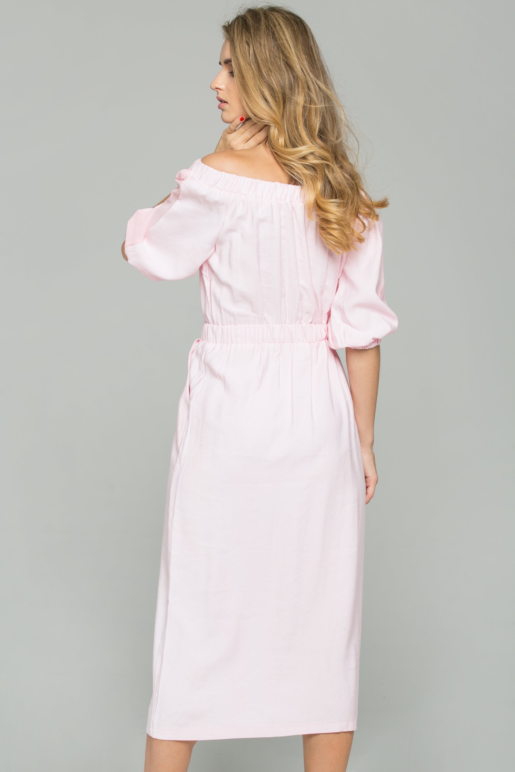 Pink Chiffon Ruched Pleat Off-The-Shoulder Button-Down Long-Sleeved Midi Dress - ownthelooks-Development