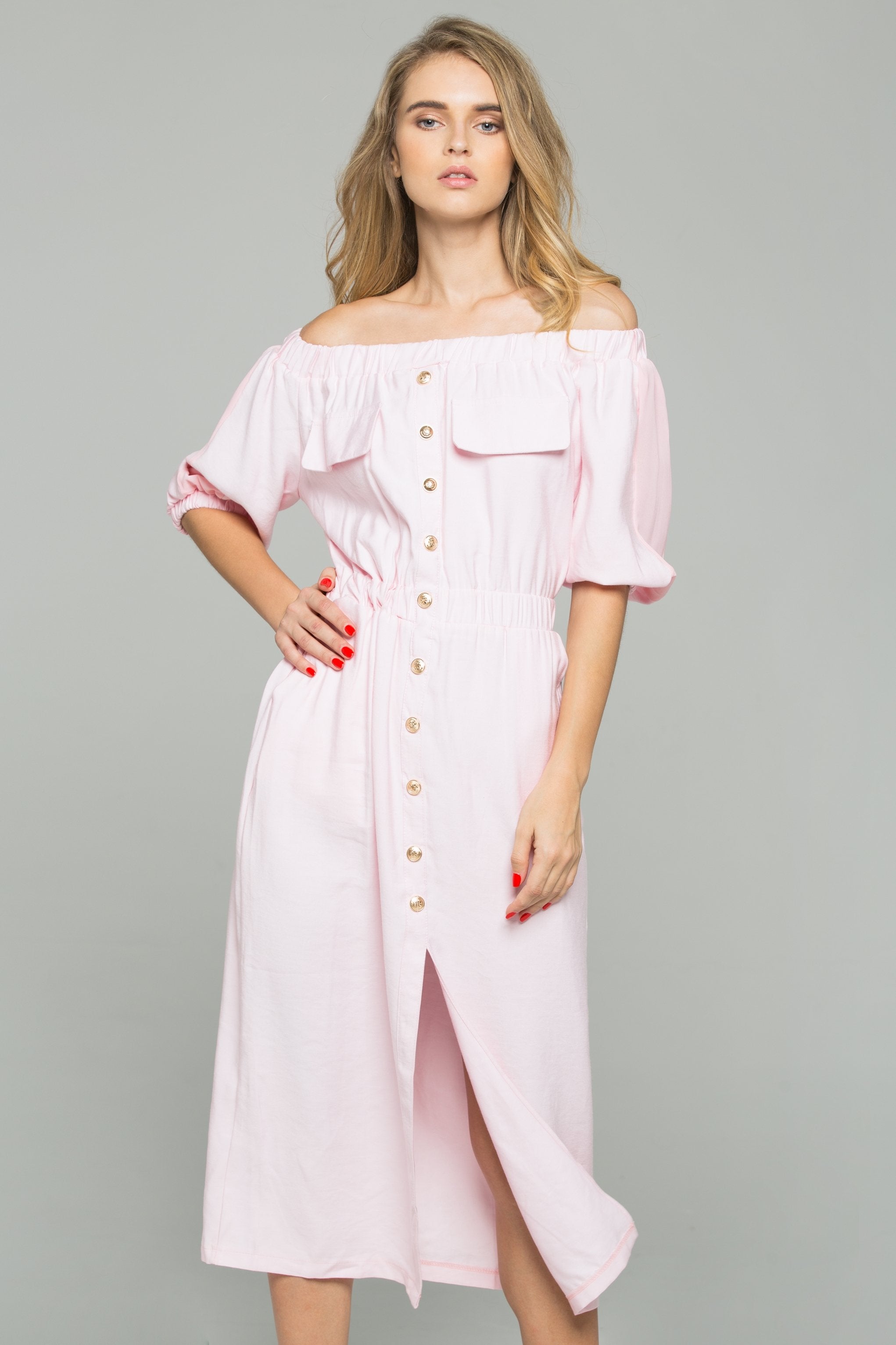 Pink Chiffon Ruched Pleat Off-The-Shoulder Button-Down Long-Sleeved Midi Dress - ownthelooks-Development
