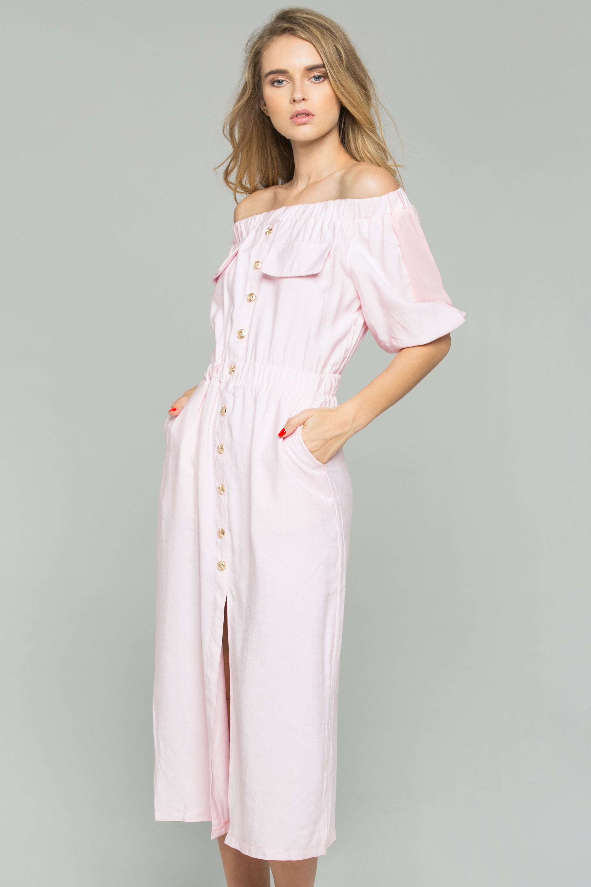 Pink Chiffon Ruched Pleat Off-The-Shoulder Button-Down Long-Sleeved Midi Dress - ownthelooks-Development