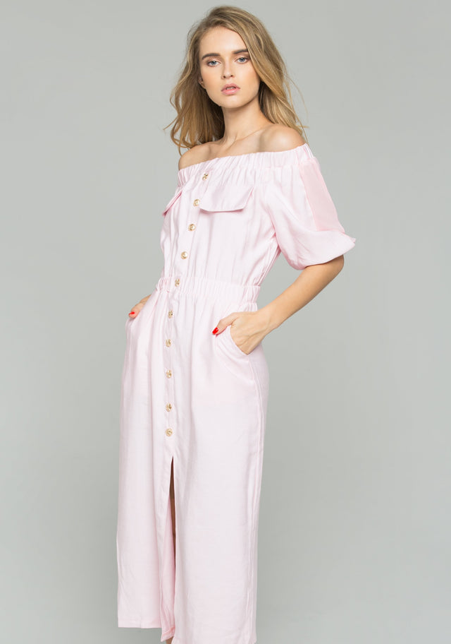 Pink Chiffon Ruched Pleat Off-The-Shoulder Button-Down Long-Sleeved Midi Dress - ownthelooks-Development
