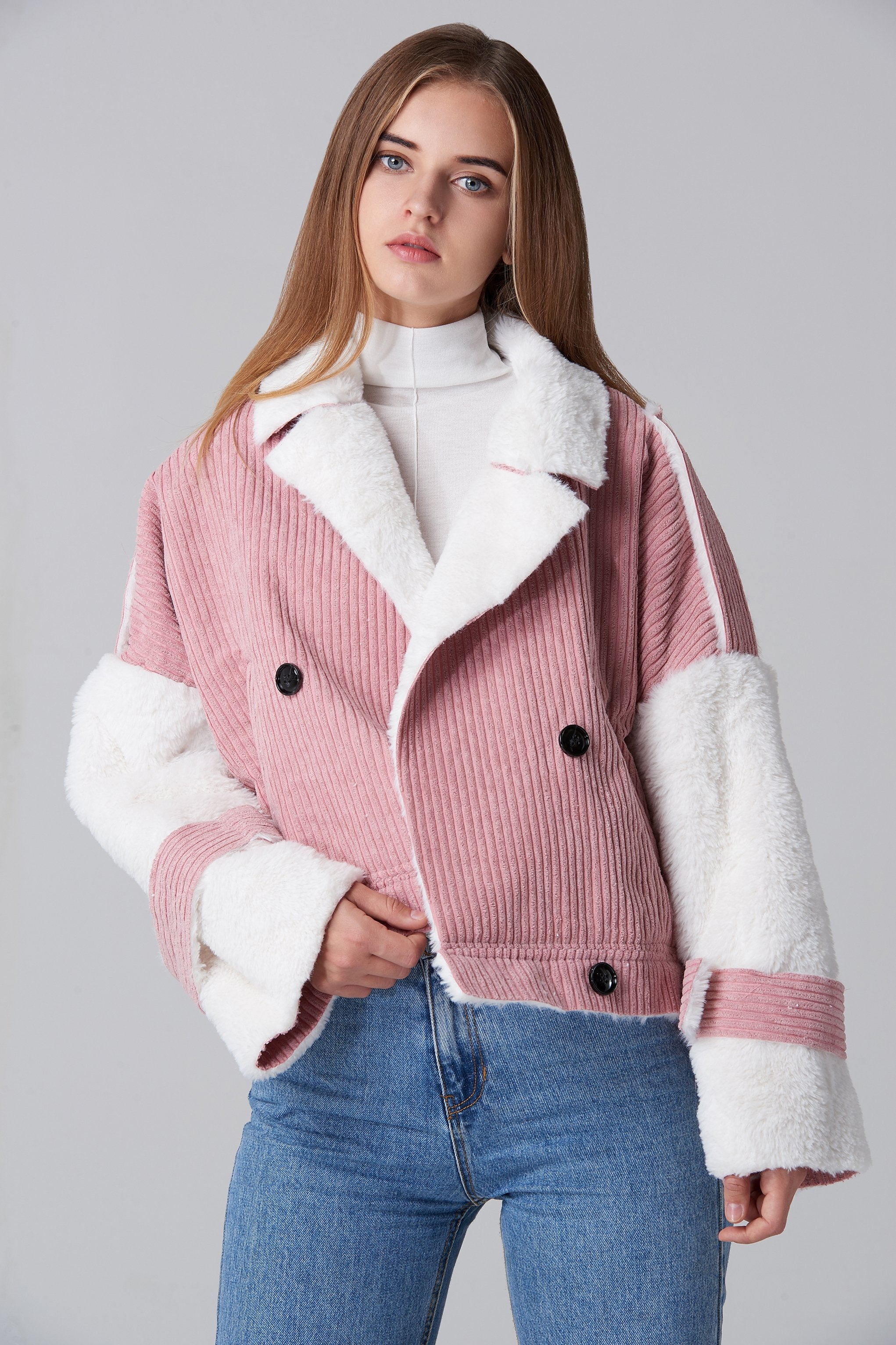 Pink Chord Fur Lining Jacket - ownthelooks-Development