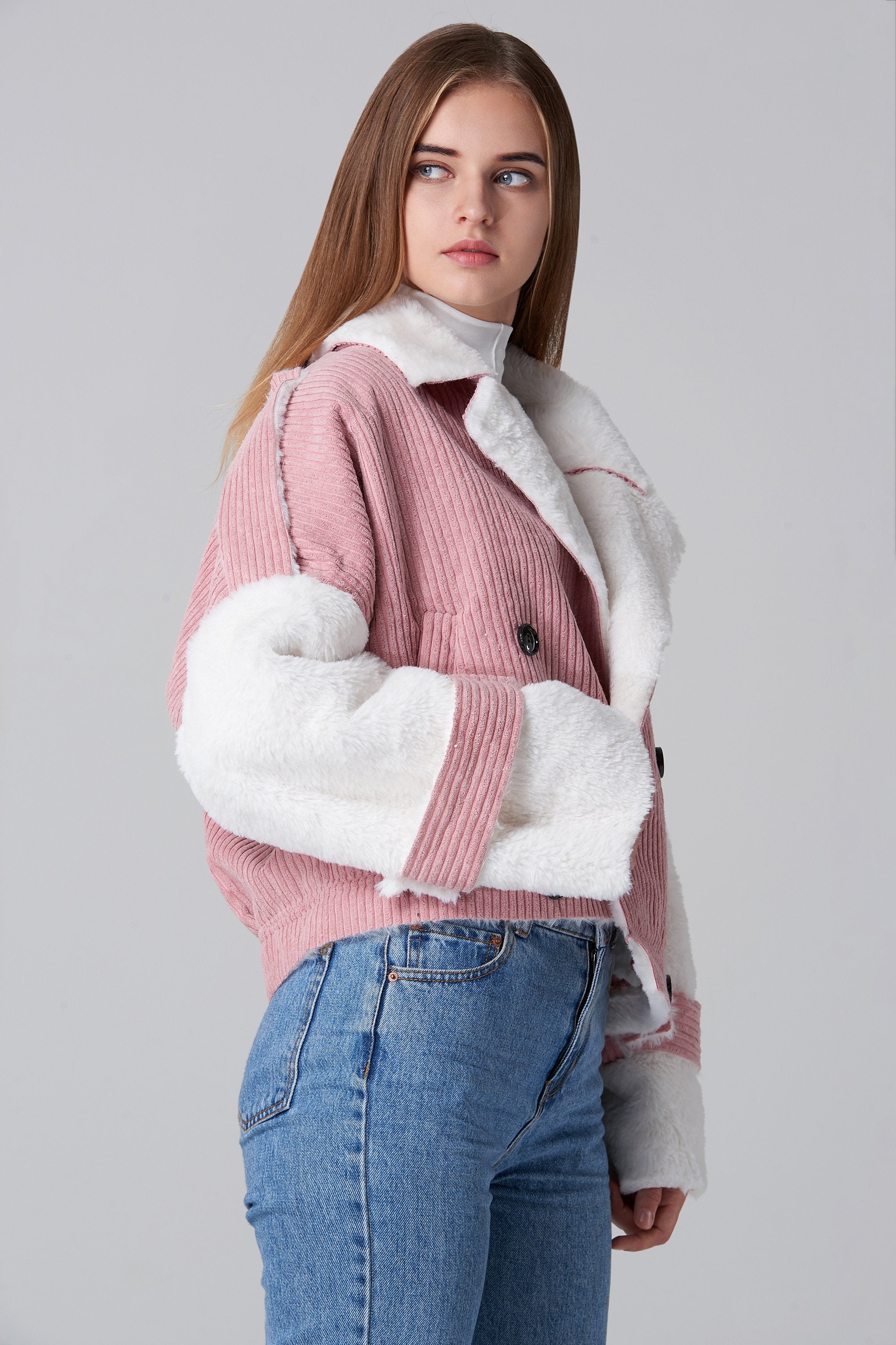 Pink Chord Fur Lining Jacket - ownthelooks-Development