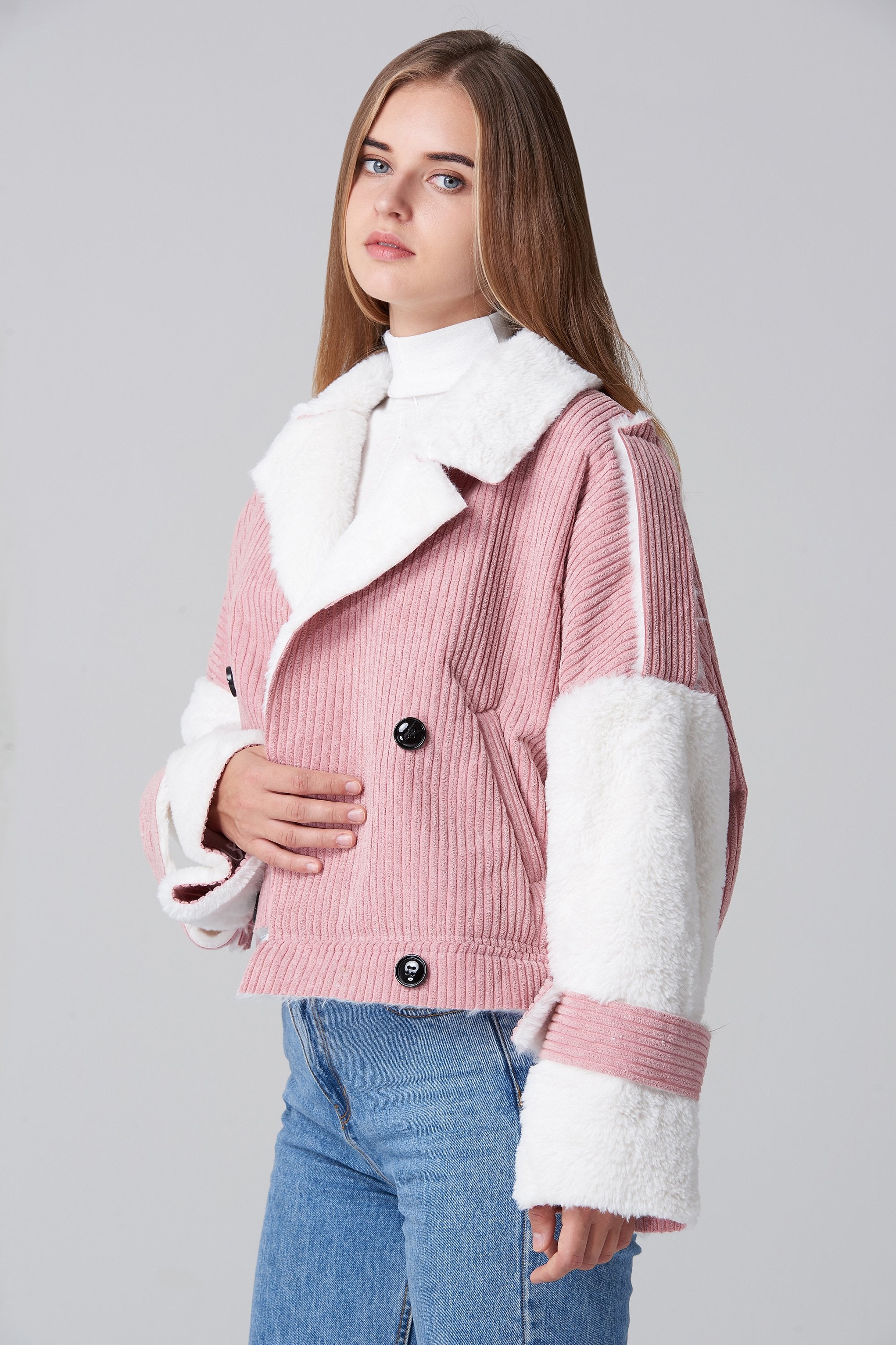 Pink Chord Fur Lining Jacket - ownthelooks-Development