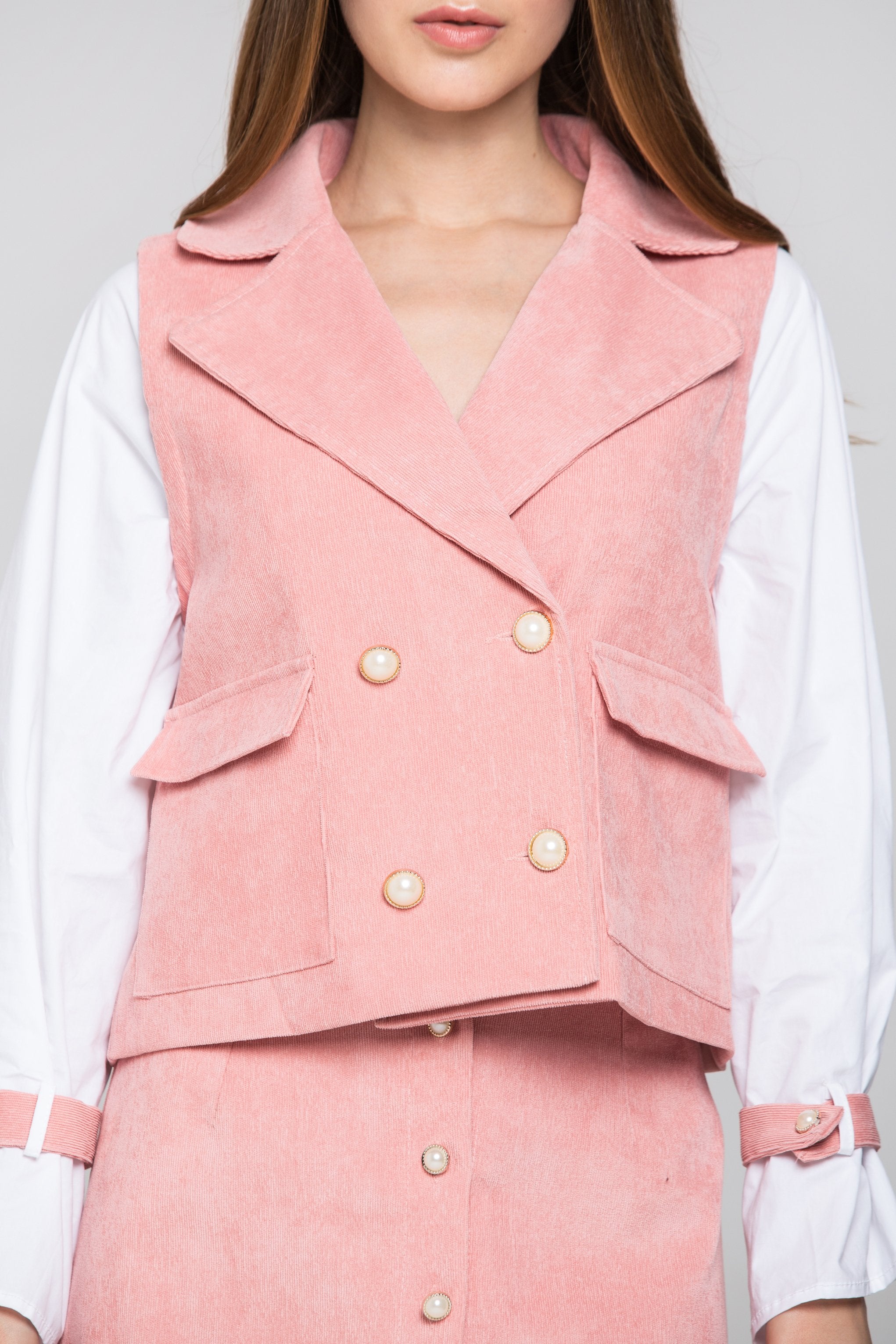 Pink Chord and White Sleeves Blazer and Skirt Set - ownthelooks-Development