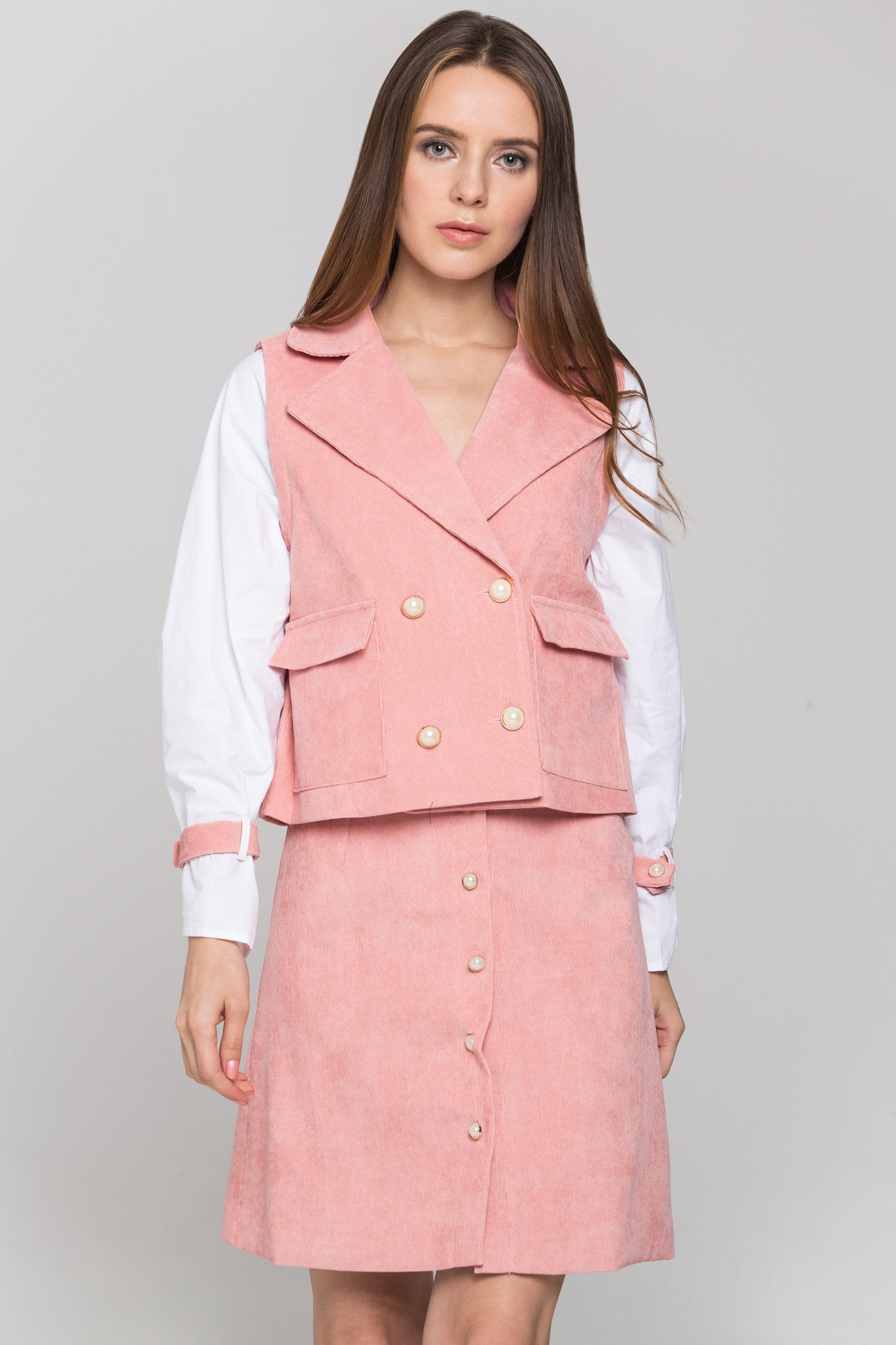 Pink Chord and White Sleeves Blazer and Skirt Set - ownthelooks-Development