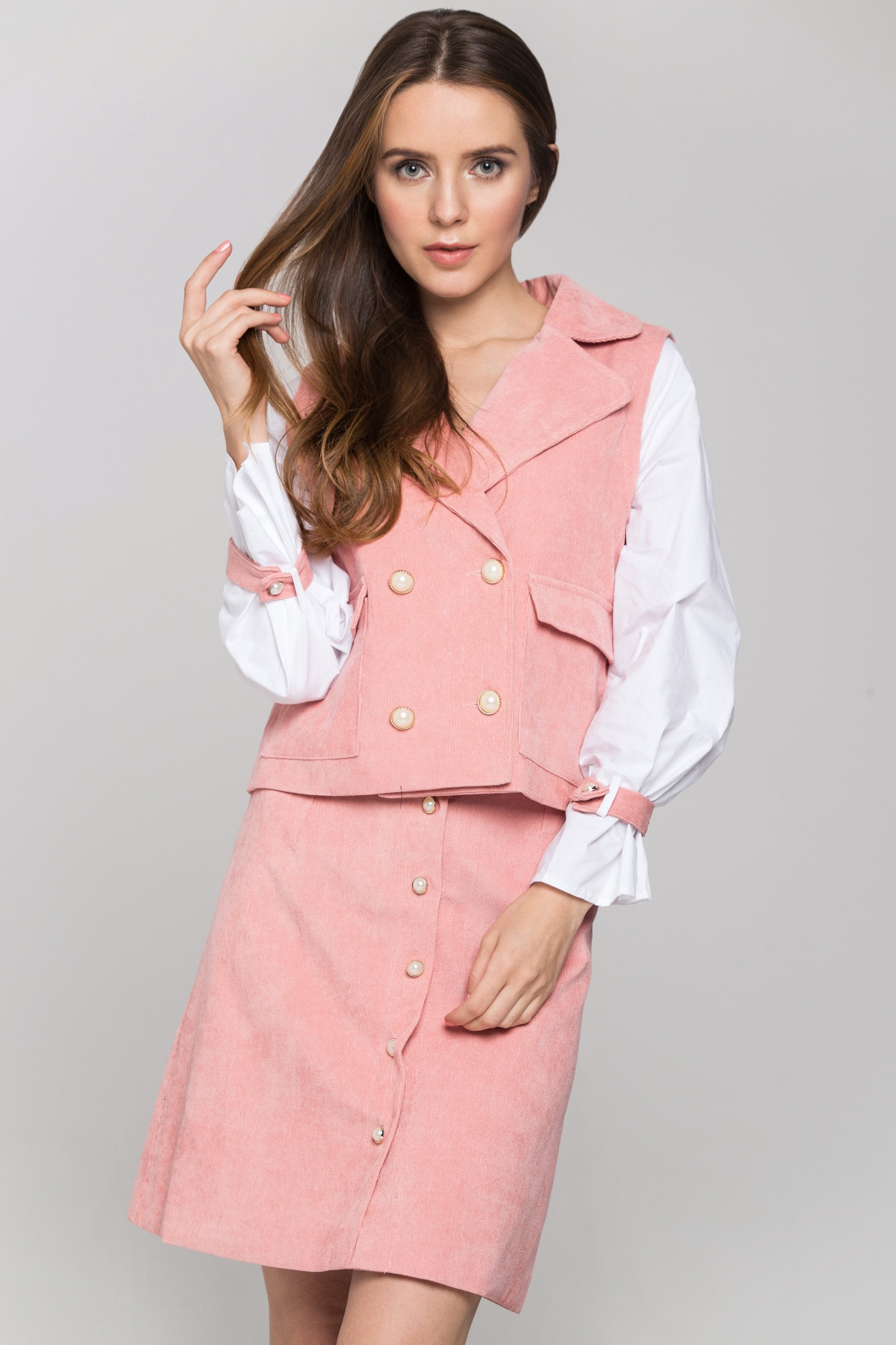 Pink Chord and White Sleeves Blazer and Skirt Set - ownthelooks-Development