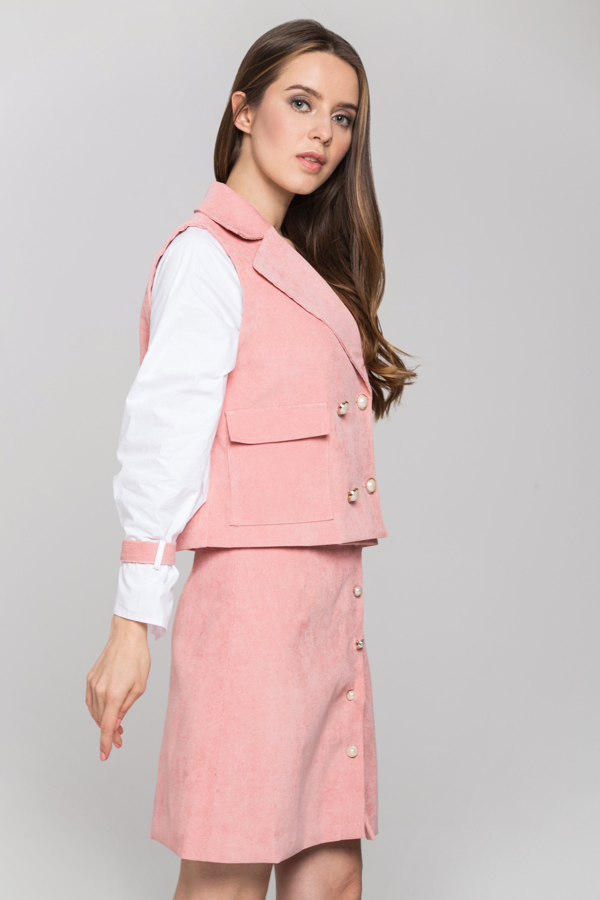 Pink Chord and White Sleeves Blazer and Skirt Set - ownthelooks-Development