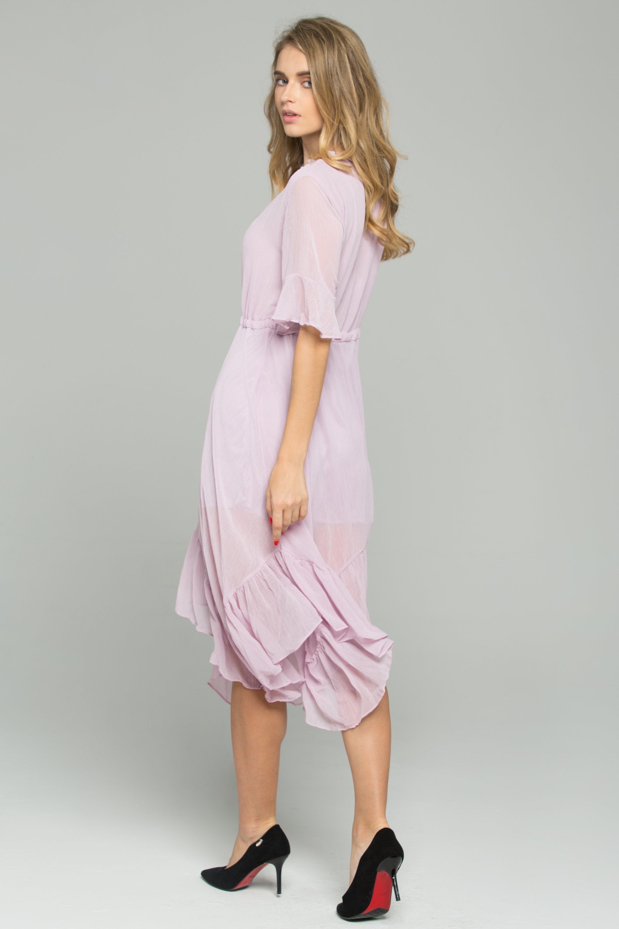 Pink Drawstring V-Neck Ruffled Midi Dress - ownthelooks-Development