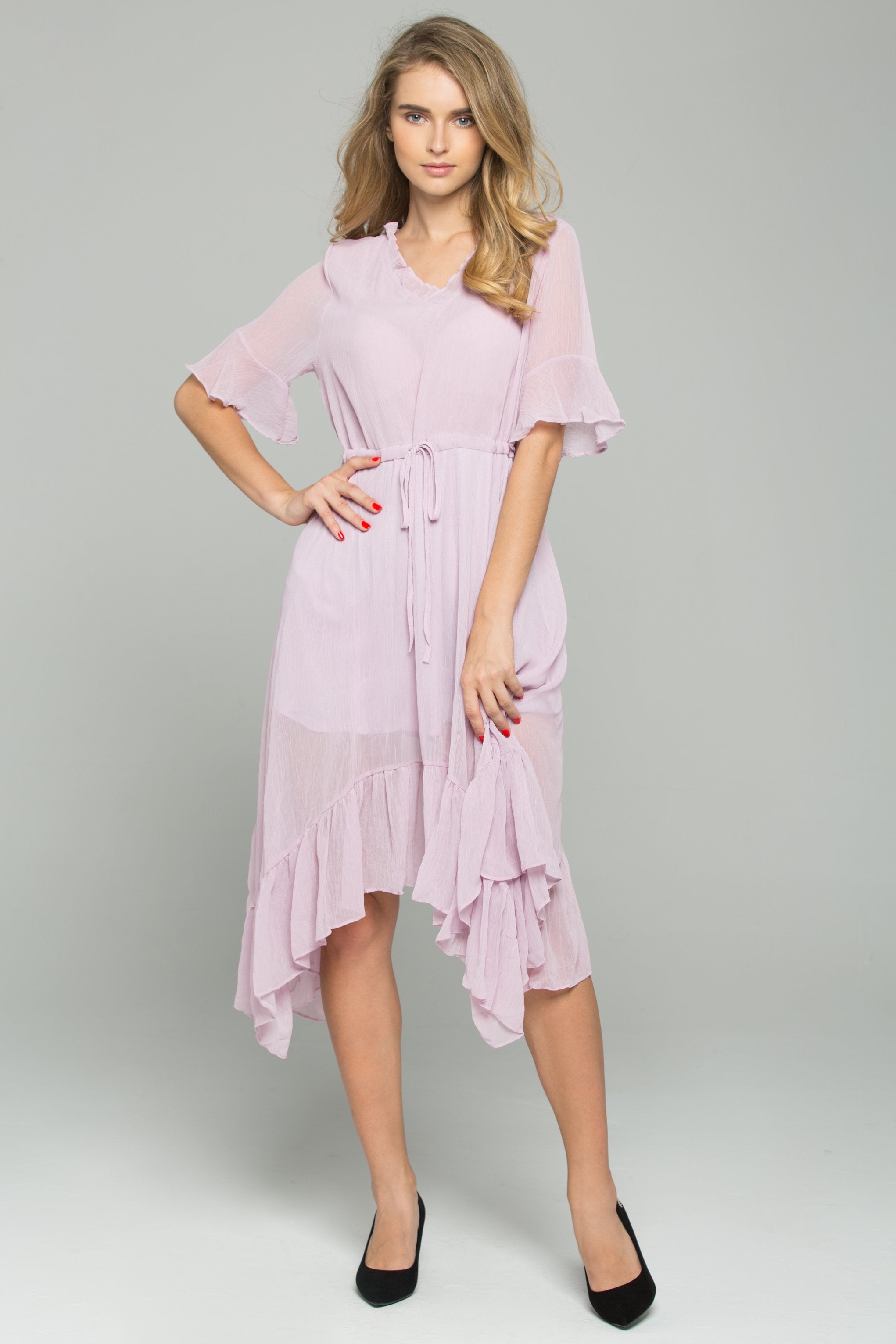 Pink Drawstring V-Neck Ruffled Midi Dress - ownthelooks-Development