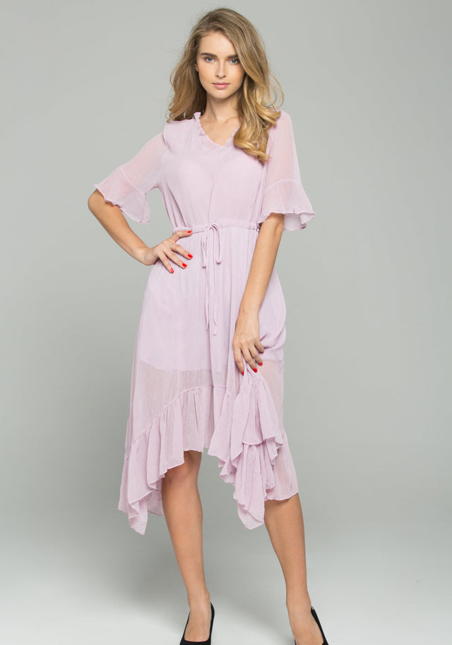 Pink Drawstring V-Neck Ruffled Midi Dress - ownthelooks-Development