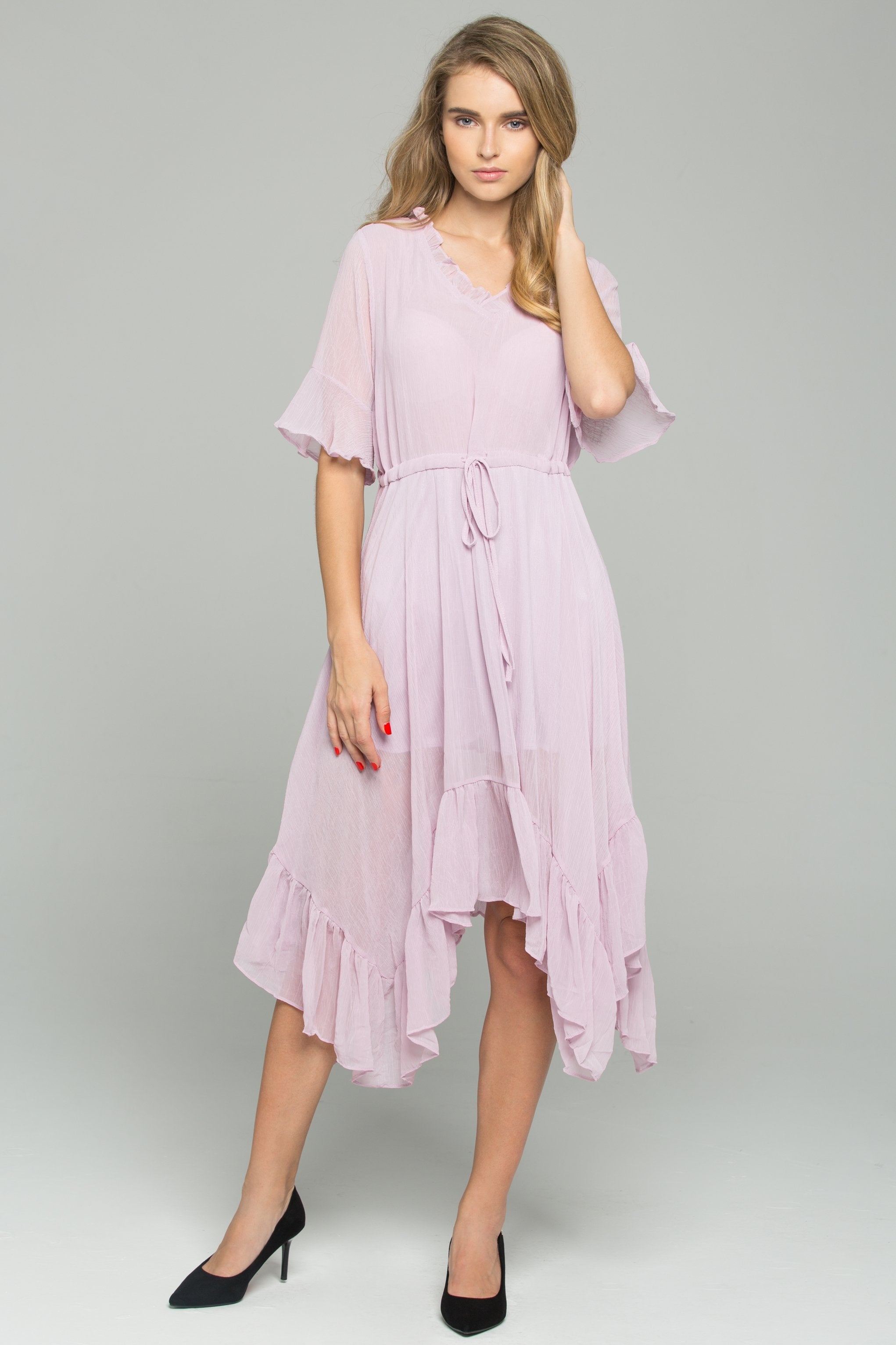 Pink Drawstring V-Neck Ruffled Midi Dress - ownthelooks-Development