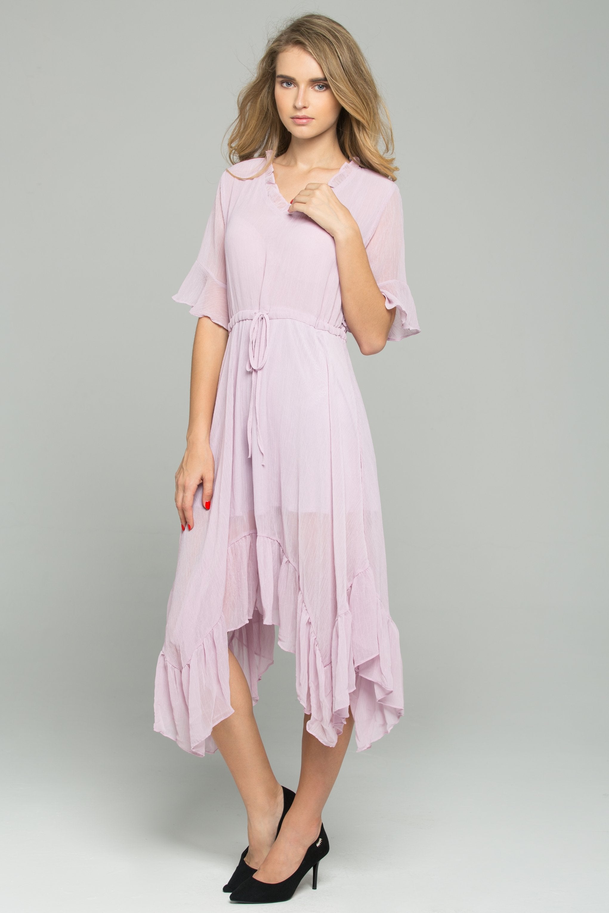 Pink Drawstring V-Neck Ruffled Midi Dress - ownthelooks-Development