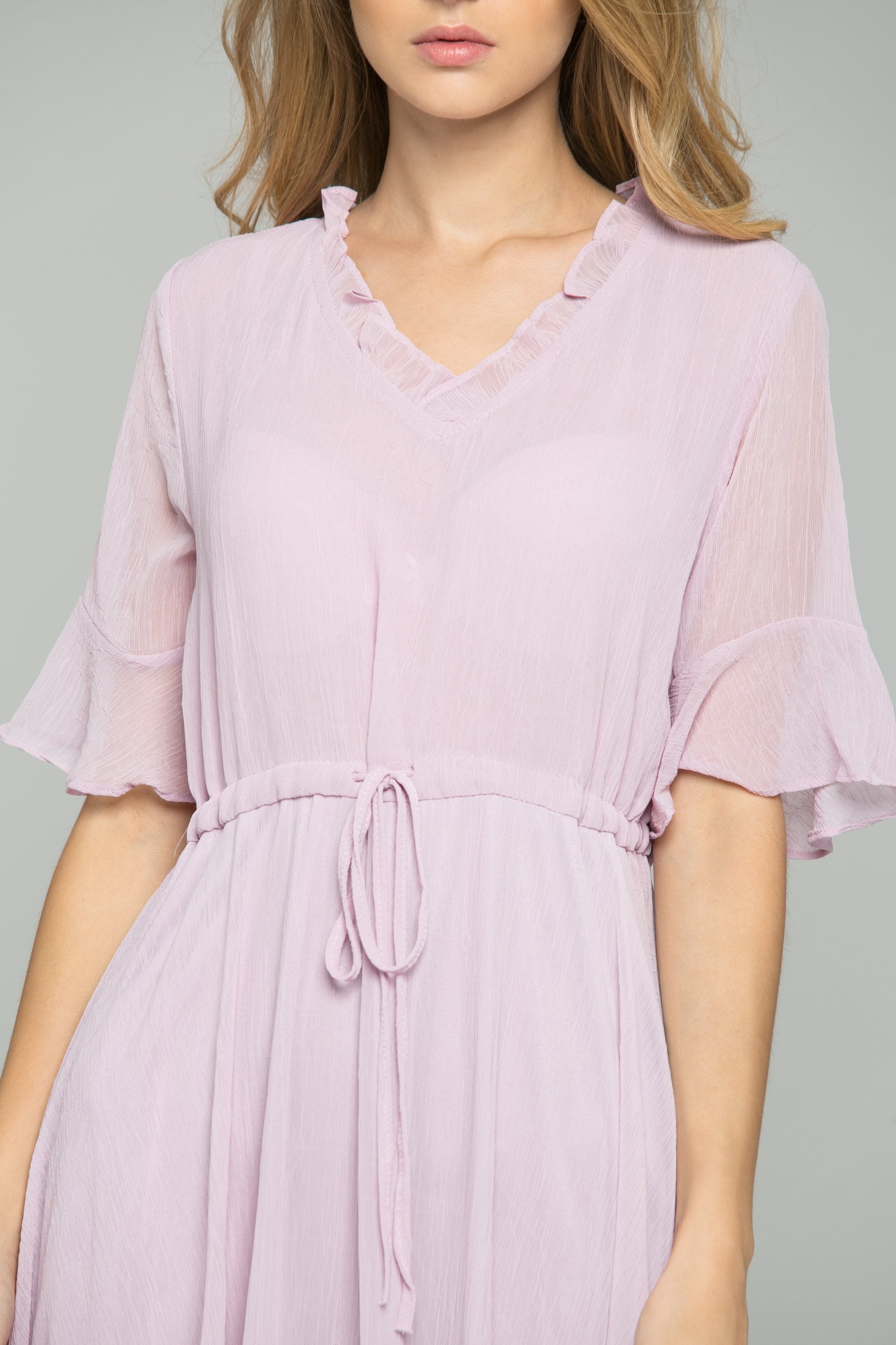 Pink Drawstring V-Neck Ruffled Midi Dress - ownthelooks-Development