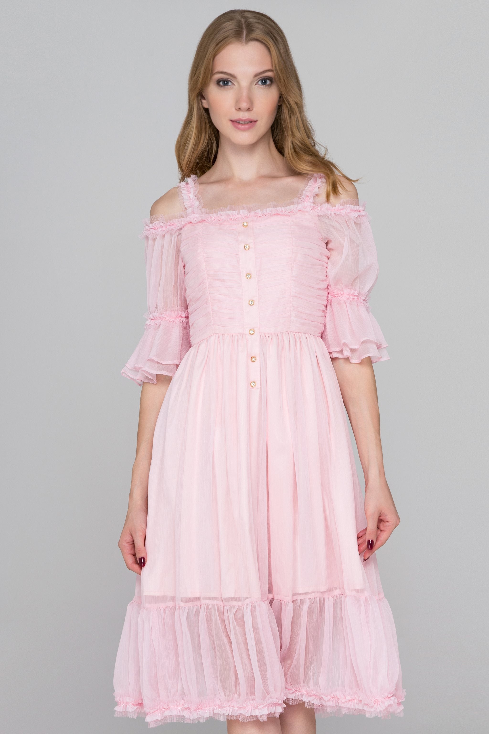 Pink Fairy Ruffled Cold Shoulder Midi Dress - ownthelooks-Development