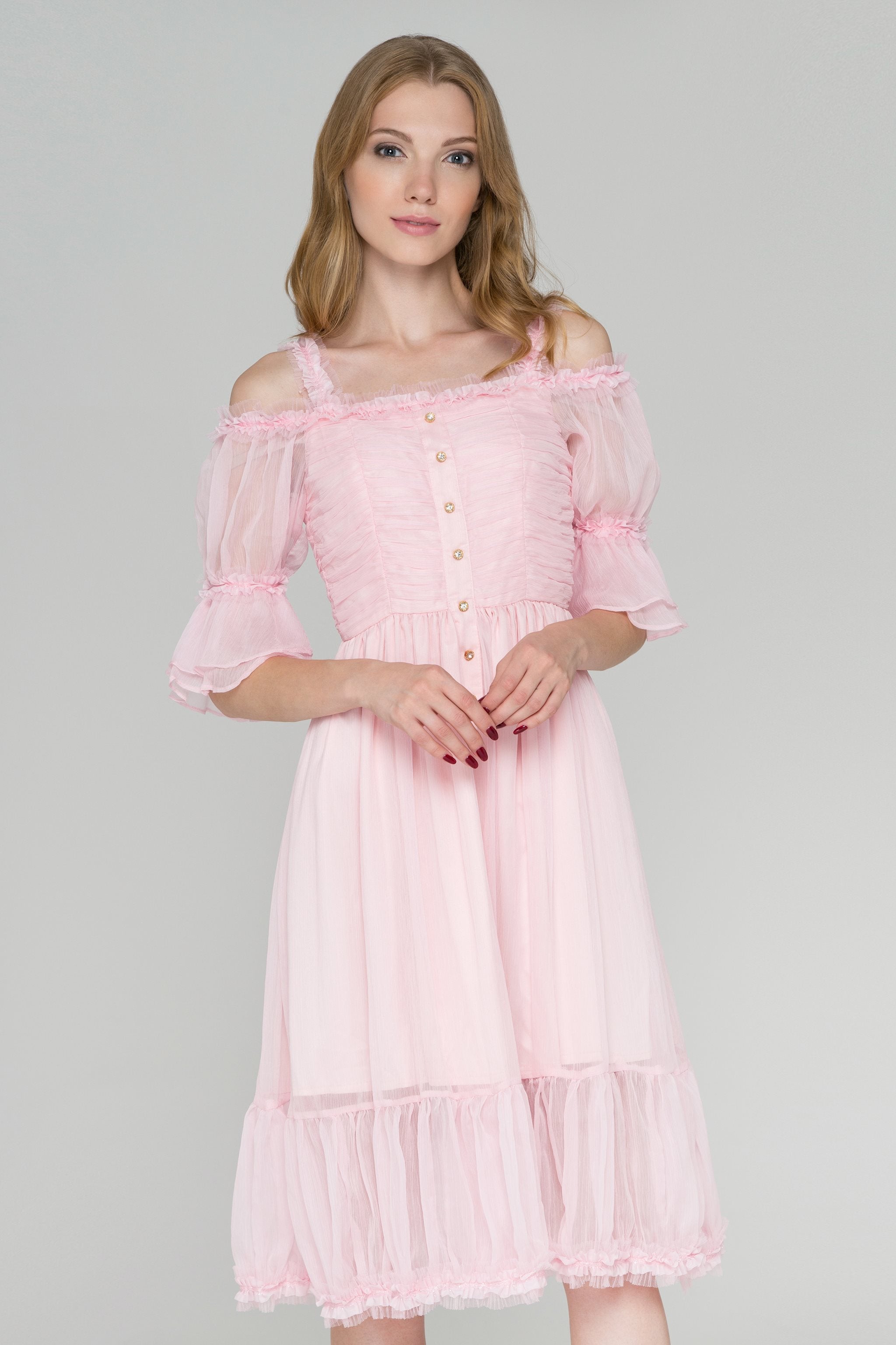 Pink Fairy Ruffled Cold Shoulder Midi Dress - ownthelooks-Development