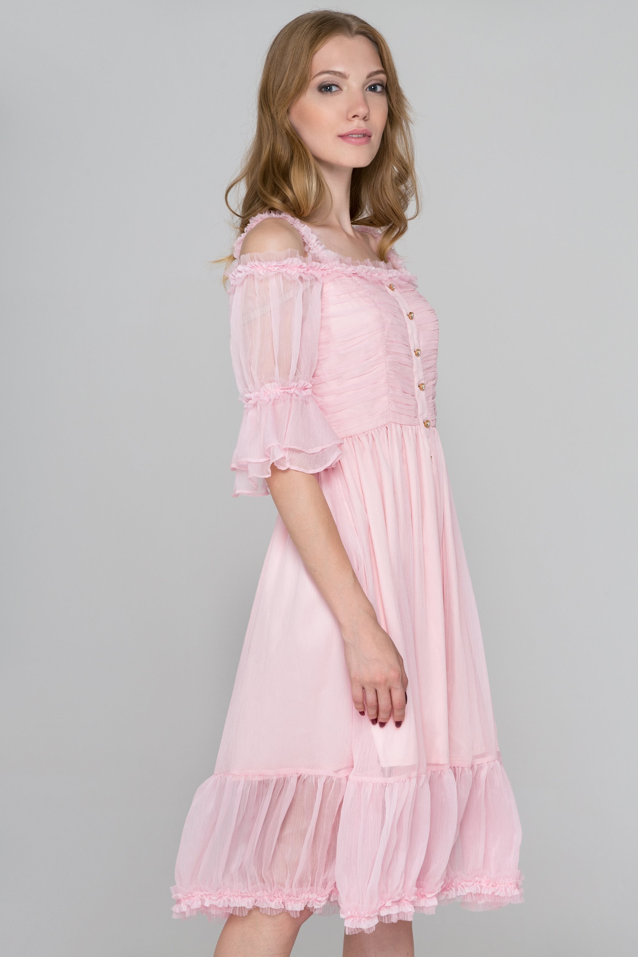 Pink Fairy Ruffled Cold Shoulder Midi Dress - ownthelooks-Development