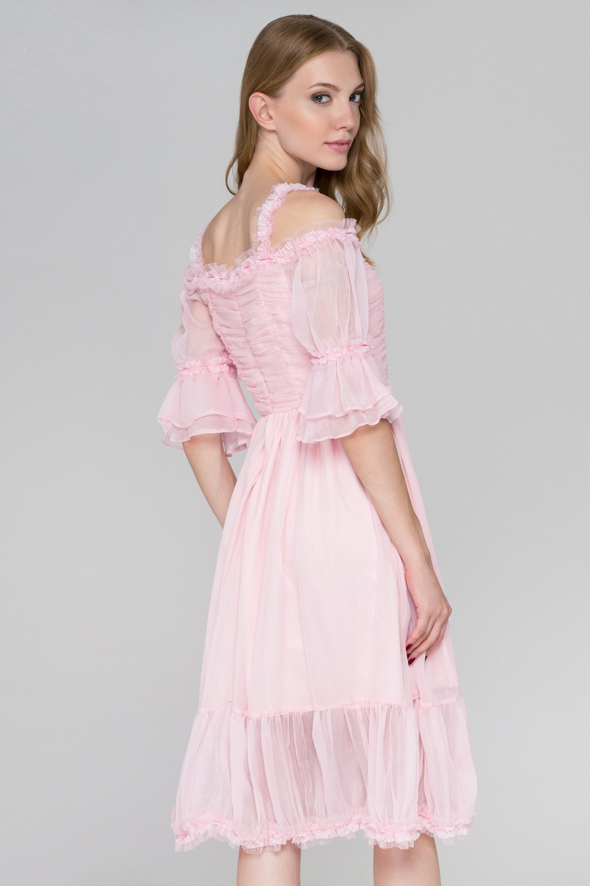 Pink Fairy Ruffled Cold Shoulder Midi Dress - ownthelooks-Development