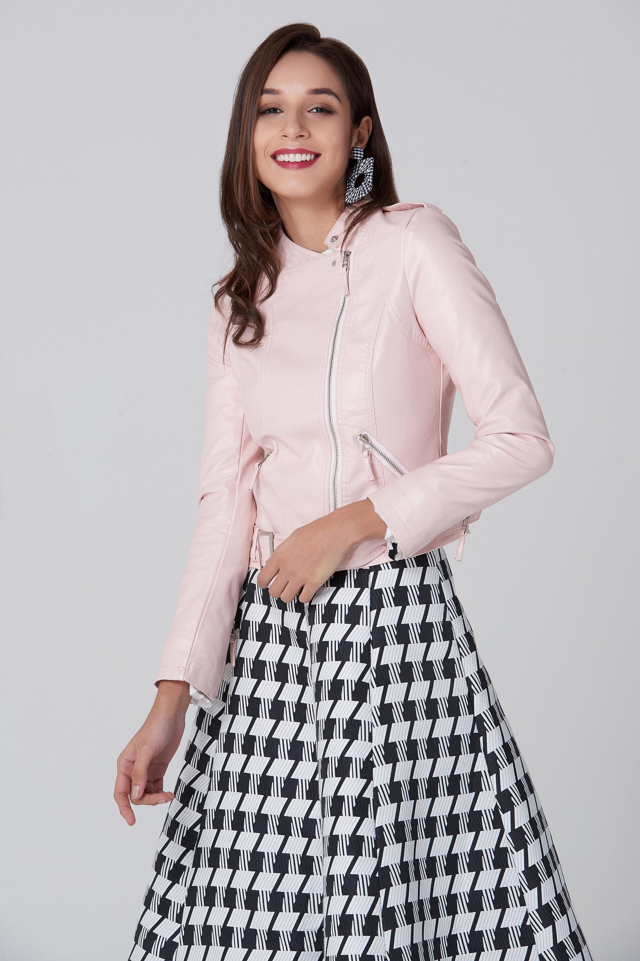Pink Faux Leather Biker Jacket - ownthelooks-Development