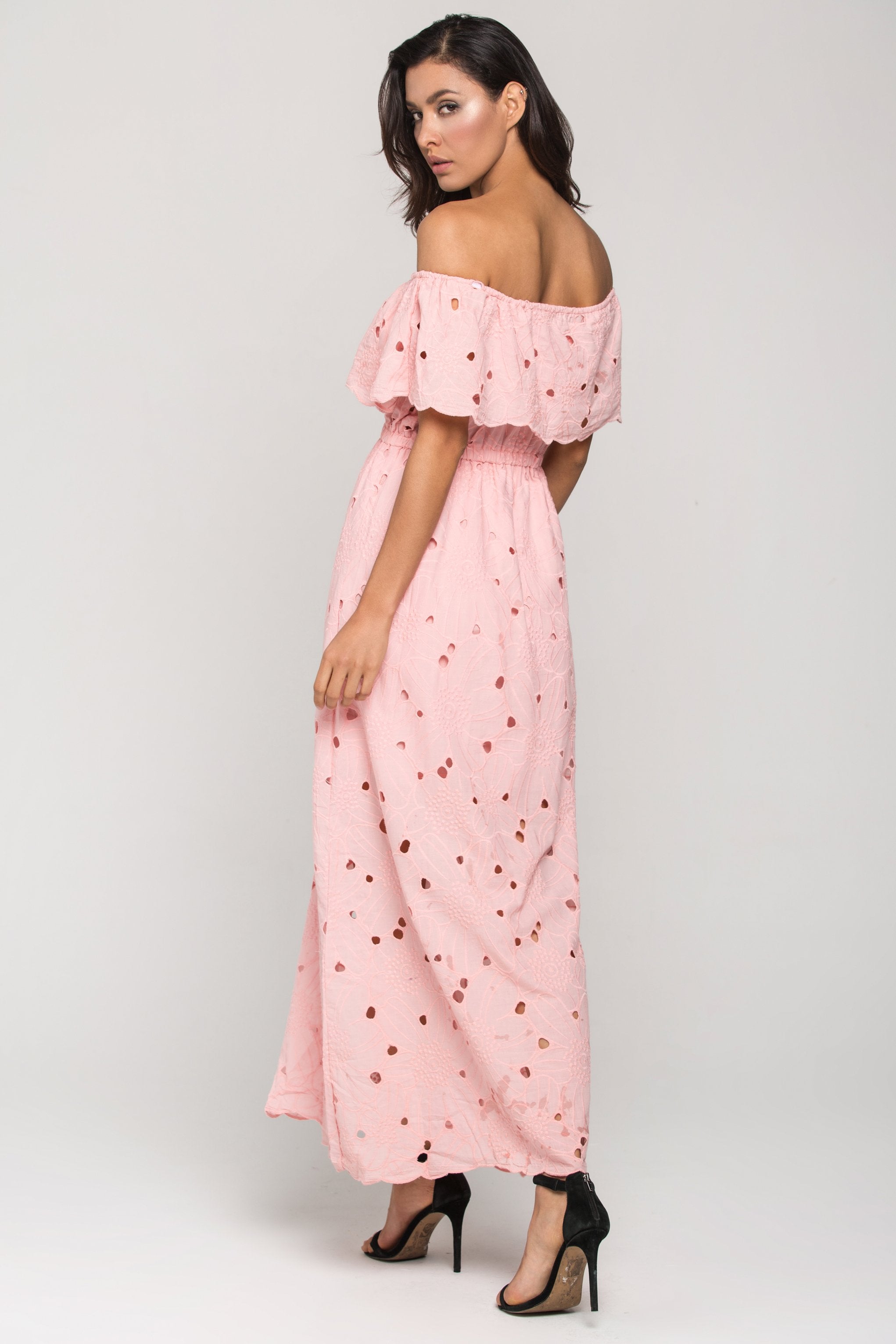Pink Floral Eyelet Off the Shoulder Midi Dress - ownthelooks-Development
