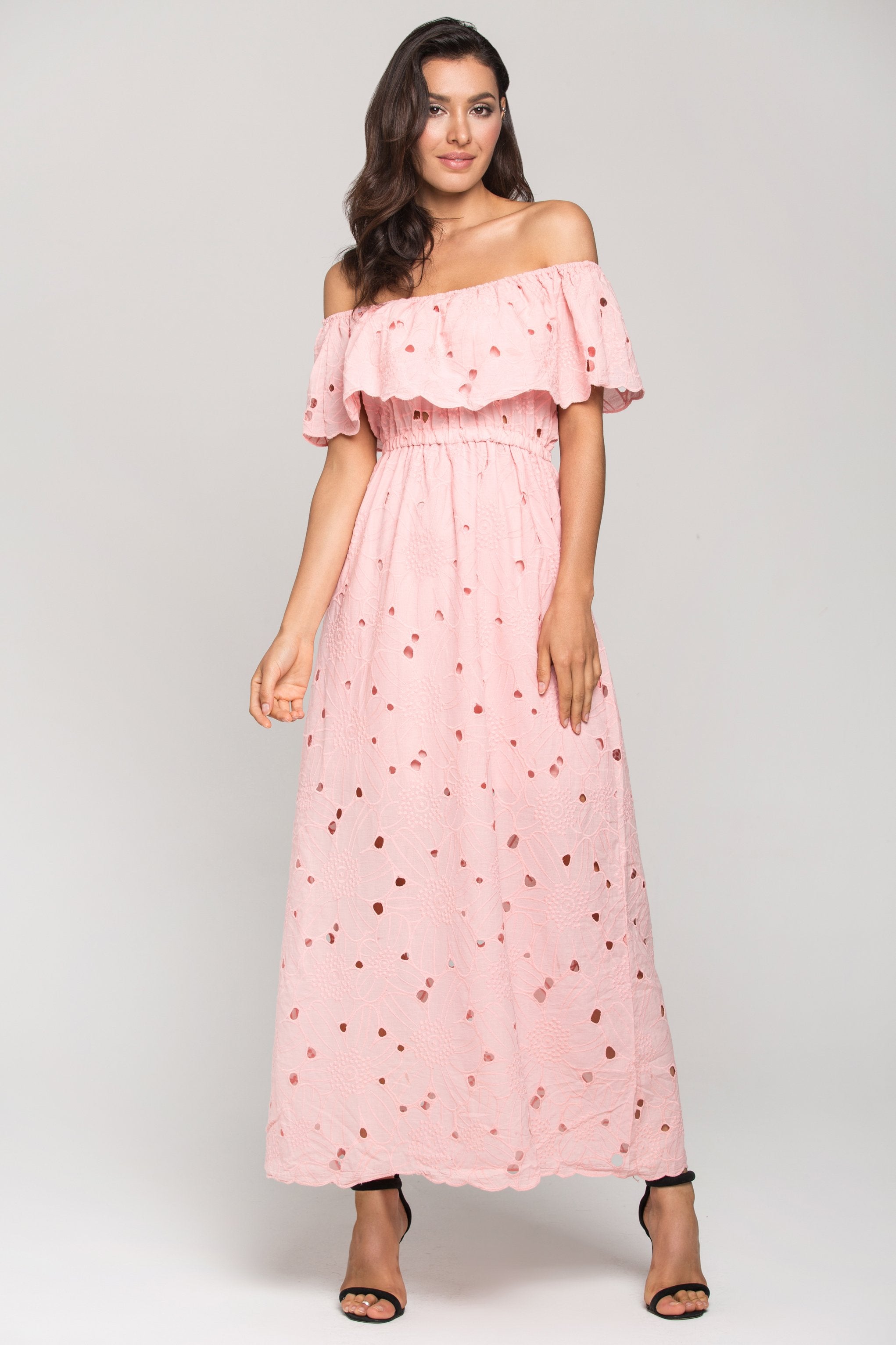 Pink Floral Eyelet Off the Shoulder Midi Dress - ownthelooks-Development