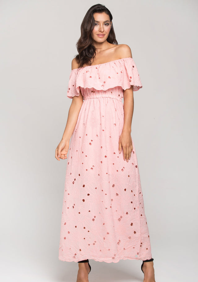 Pink Floral Eyelet Off the Shoulder Midi Dress - ownthelooks-Development