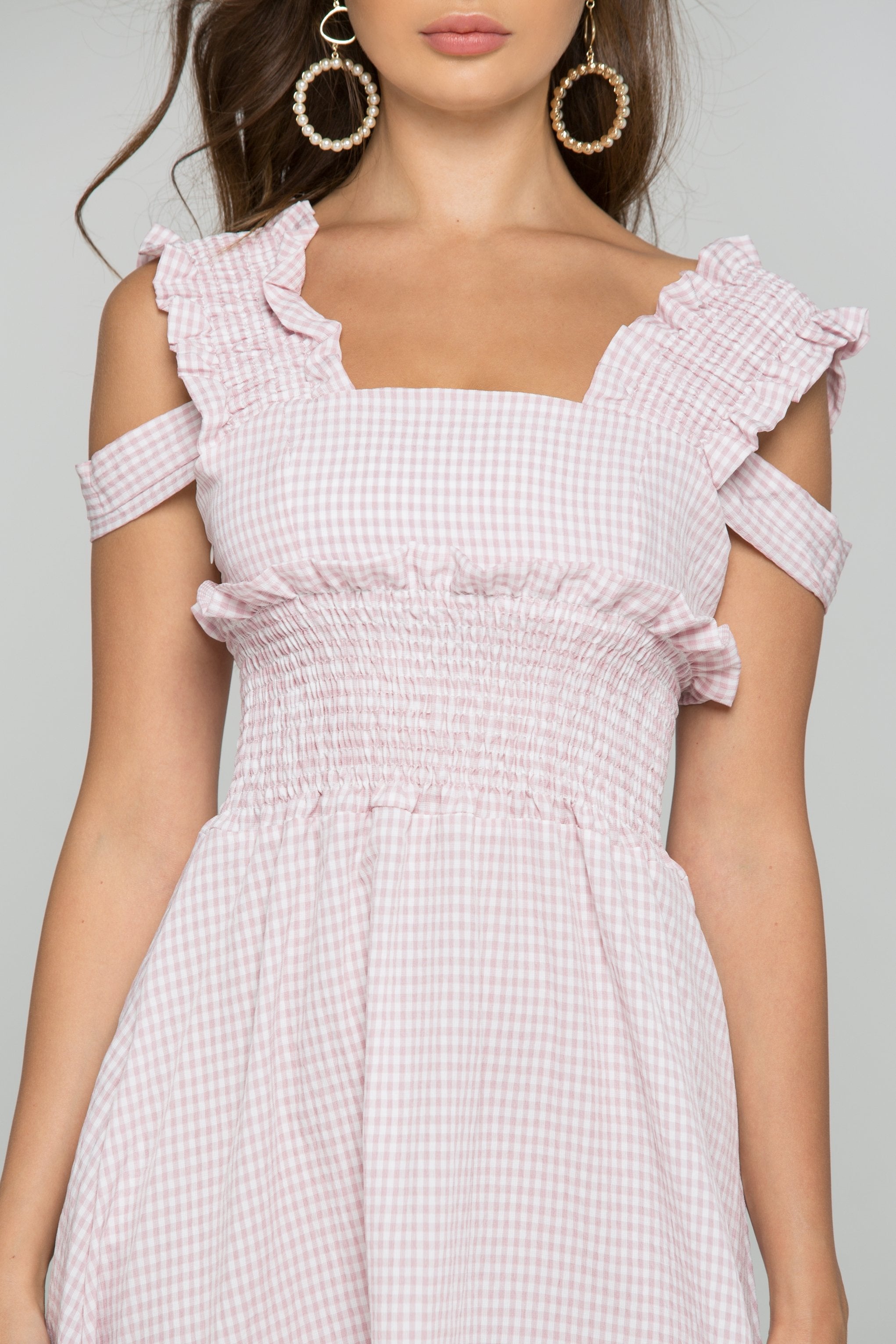 Pink Gingham Cold Shoulder Ruched Pleat Midi Dress - ownthelooks-Development
