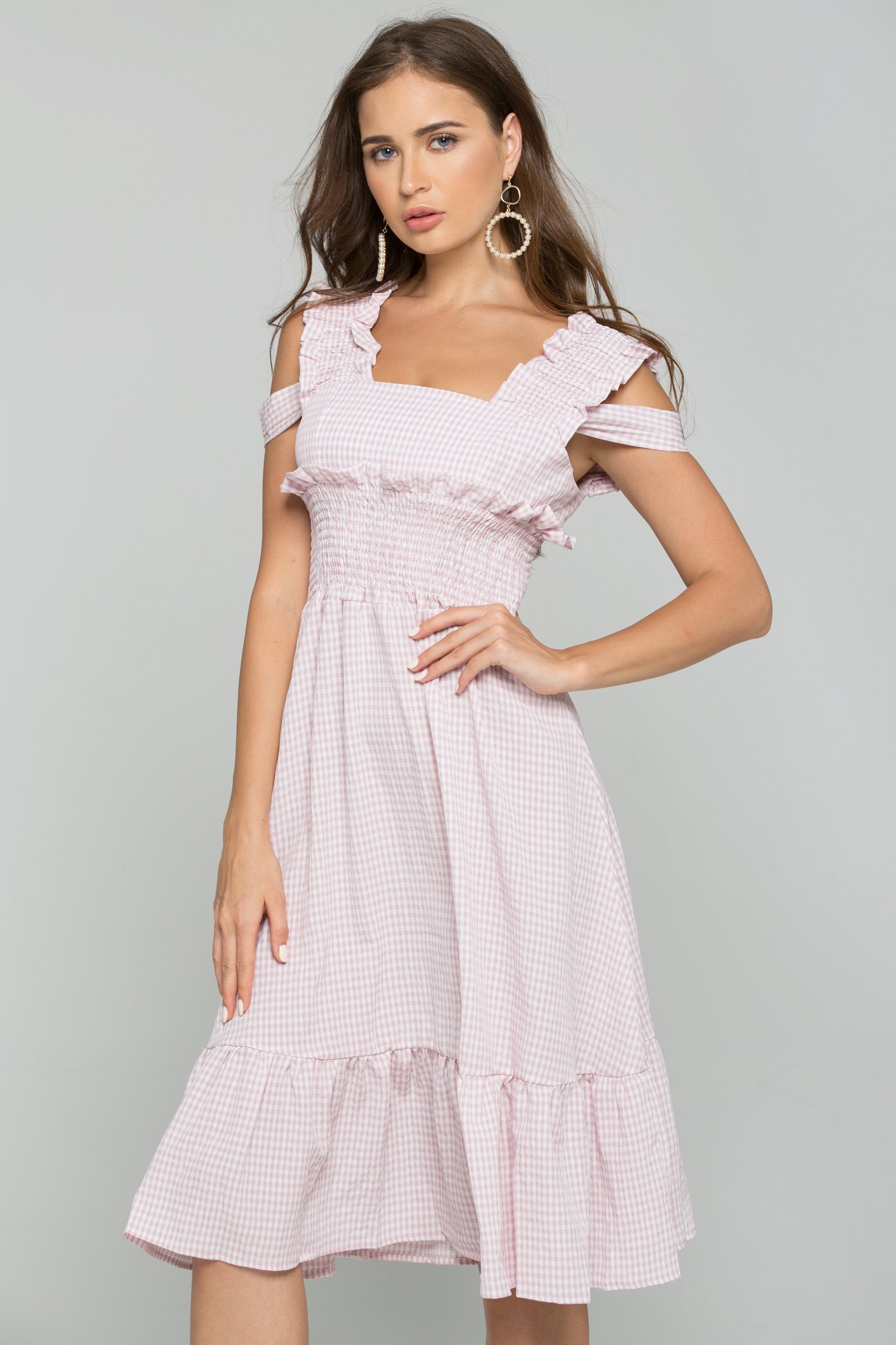 Pink Gingham Cold Shoulder Ruched Pleat Midi Dress - ownthelooks-Development