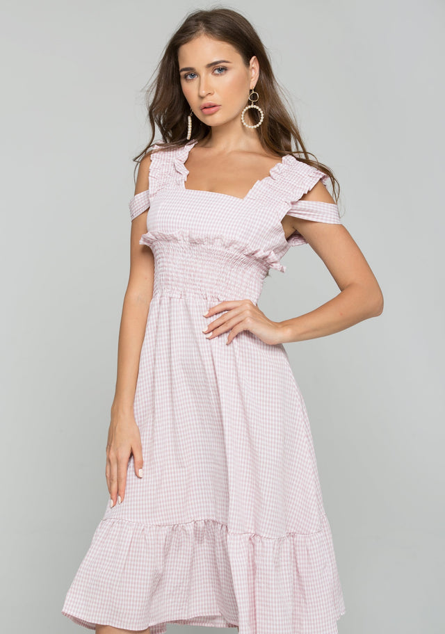 Pink Gingham Cold Shoulder Ruched Pleat Midi Dress - ownthelooks-Development