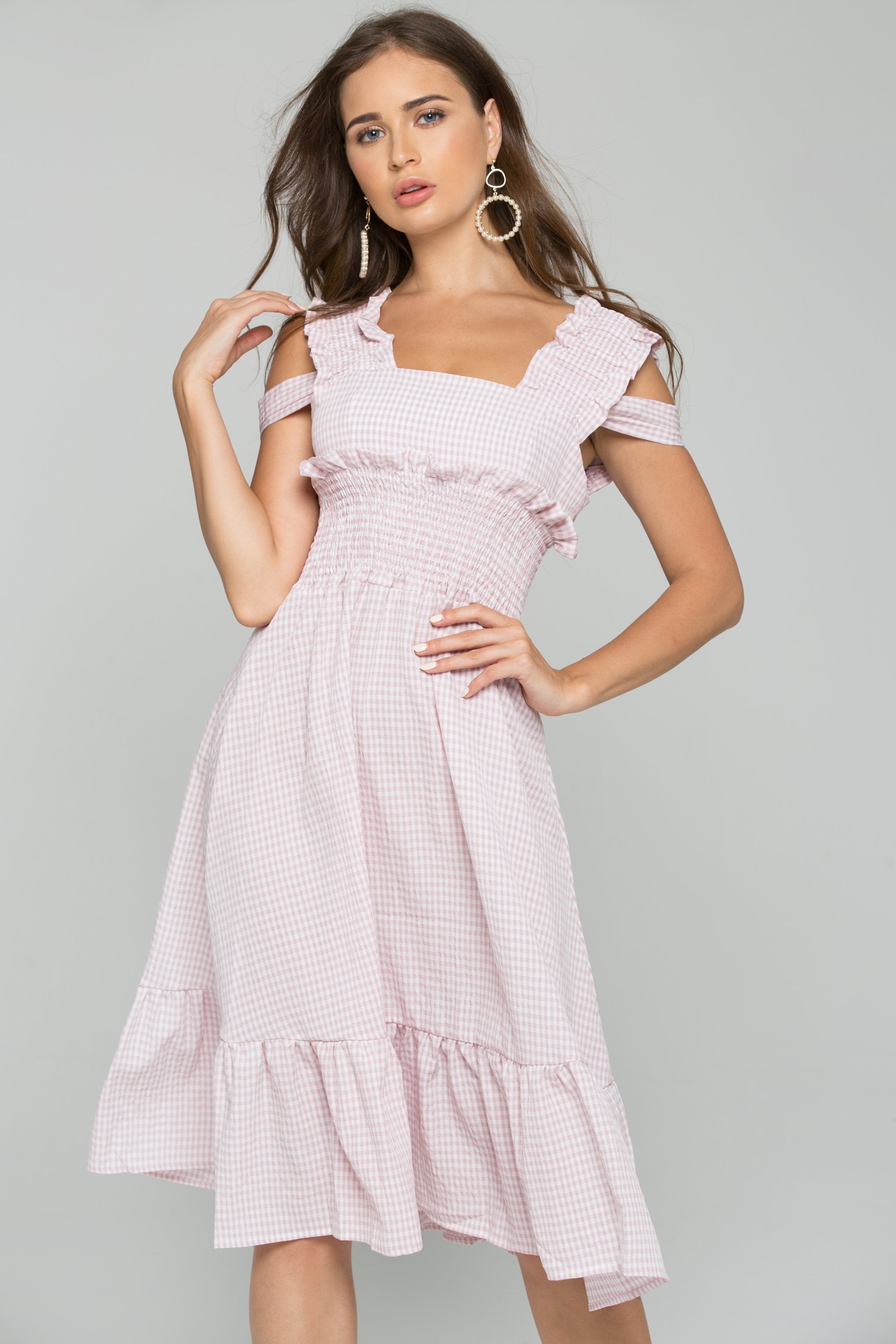 Pink Gingham Cold Shoulder Ruched Pleat Midi Dress - ownthelooks-Development