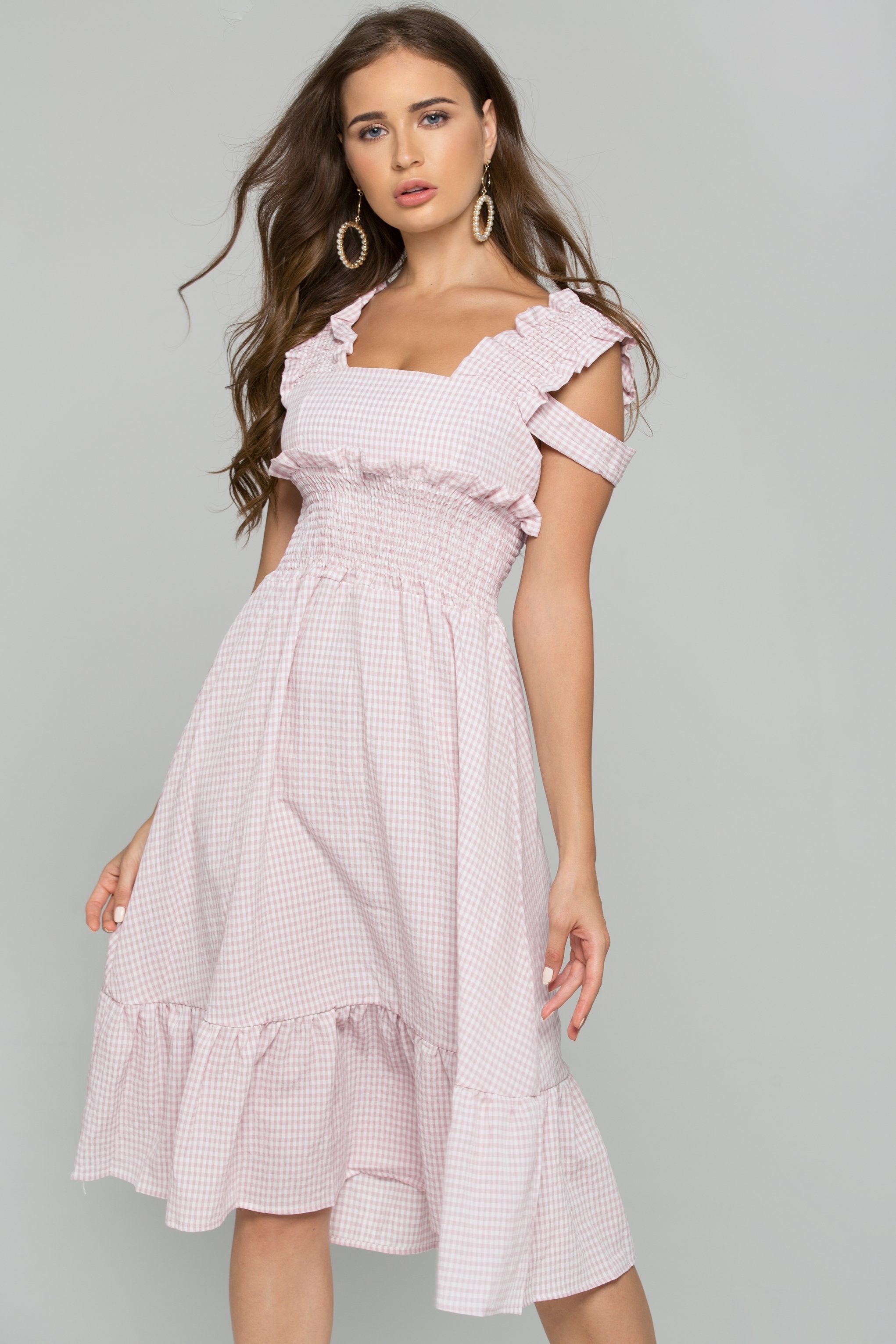 Pink Gingham Cold Shoulder Ruched Pleat Midi Dress - ownthelooks-Development