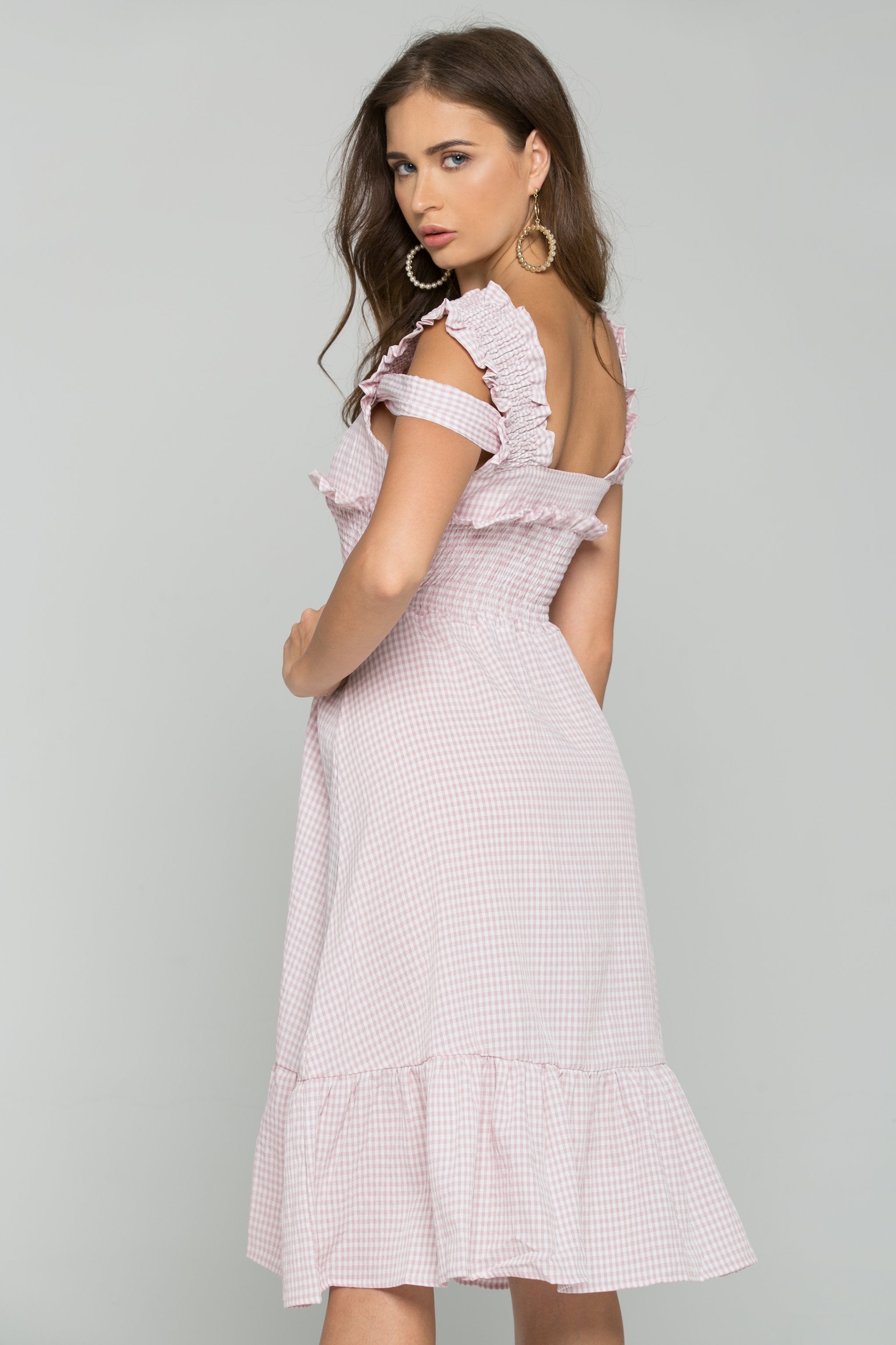 Pink Gingham Cold Shoulder Ruched Pleat Midi Dress - ownthelooks-Development