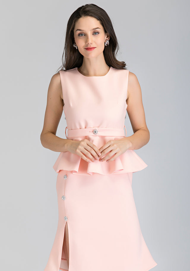Pink Jewel Button Peplum Midi Dress - ownthelooks-Development