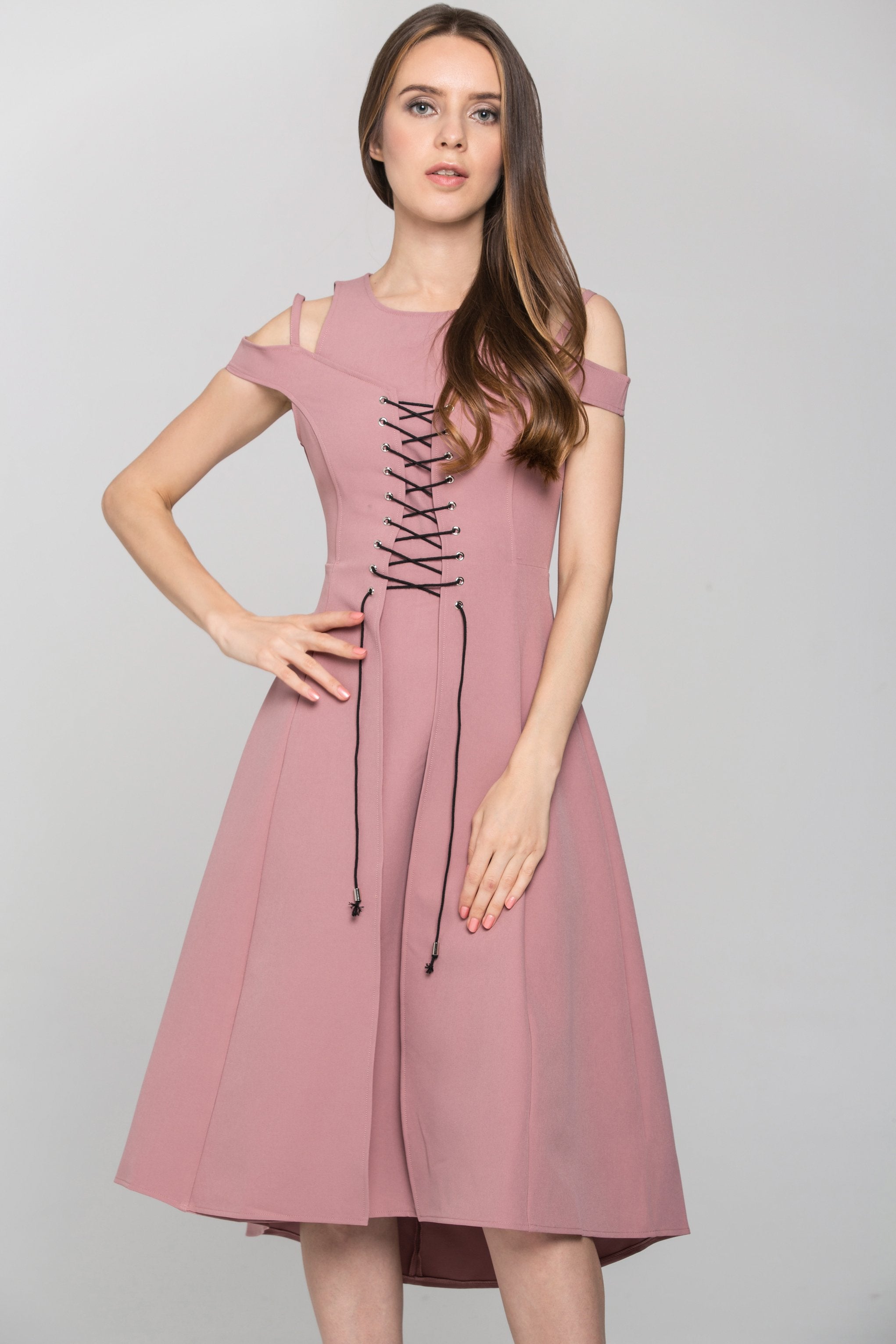 Pink Layered Cold Shoulder Corset Midi Dress - ownthelooks-Development