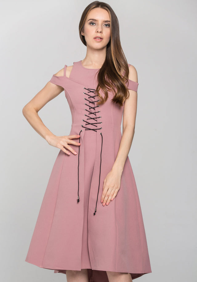 Pink Layered Cold Shoulder Corset Midi Dress - ownthelooks-Development