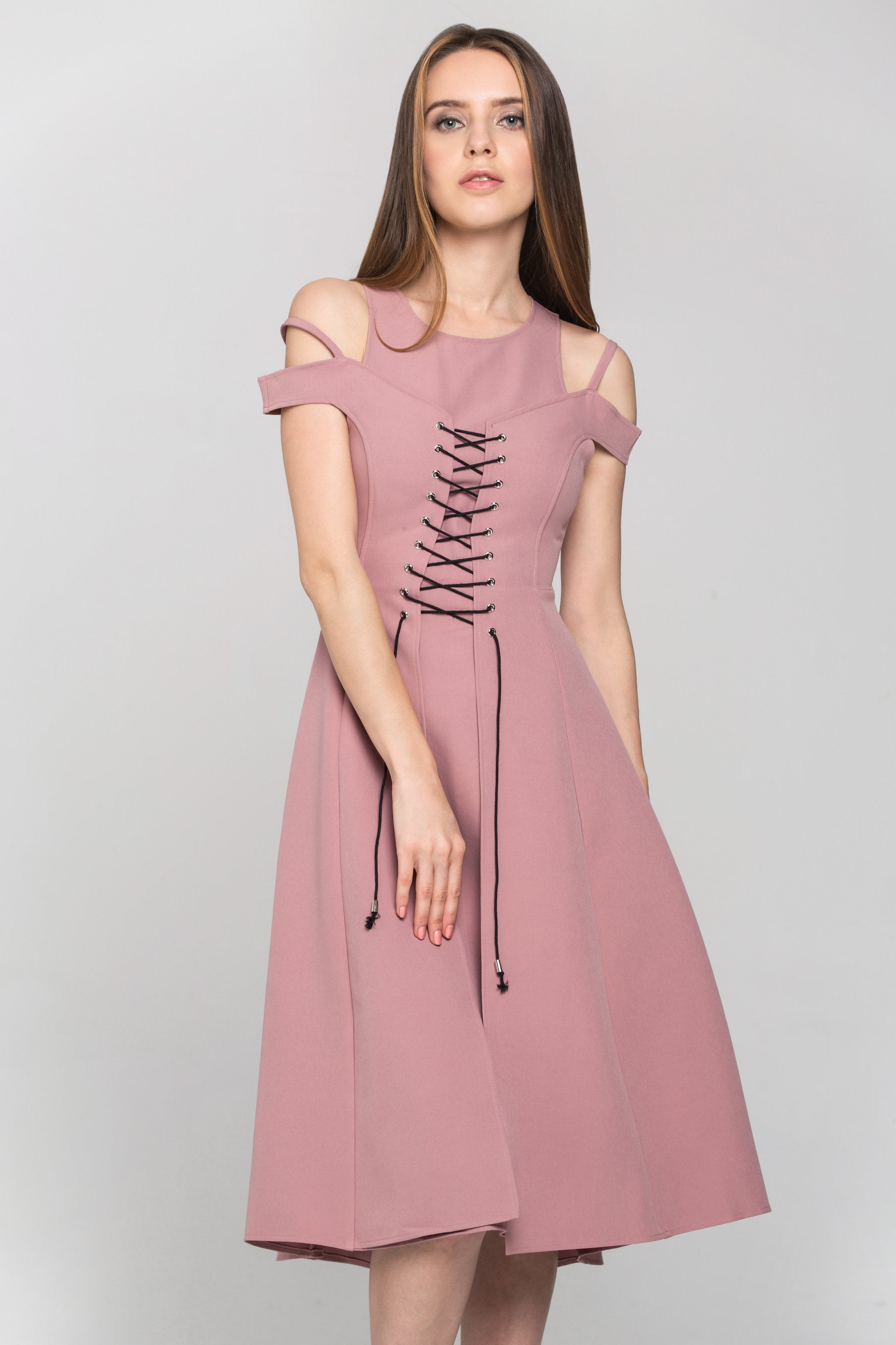 Pink Layered Cold Shoulder Corset Midi Dress - ownthelooks-Development