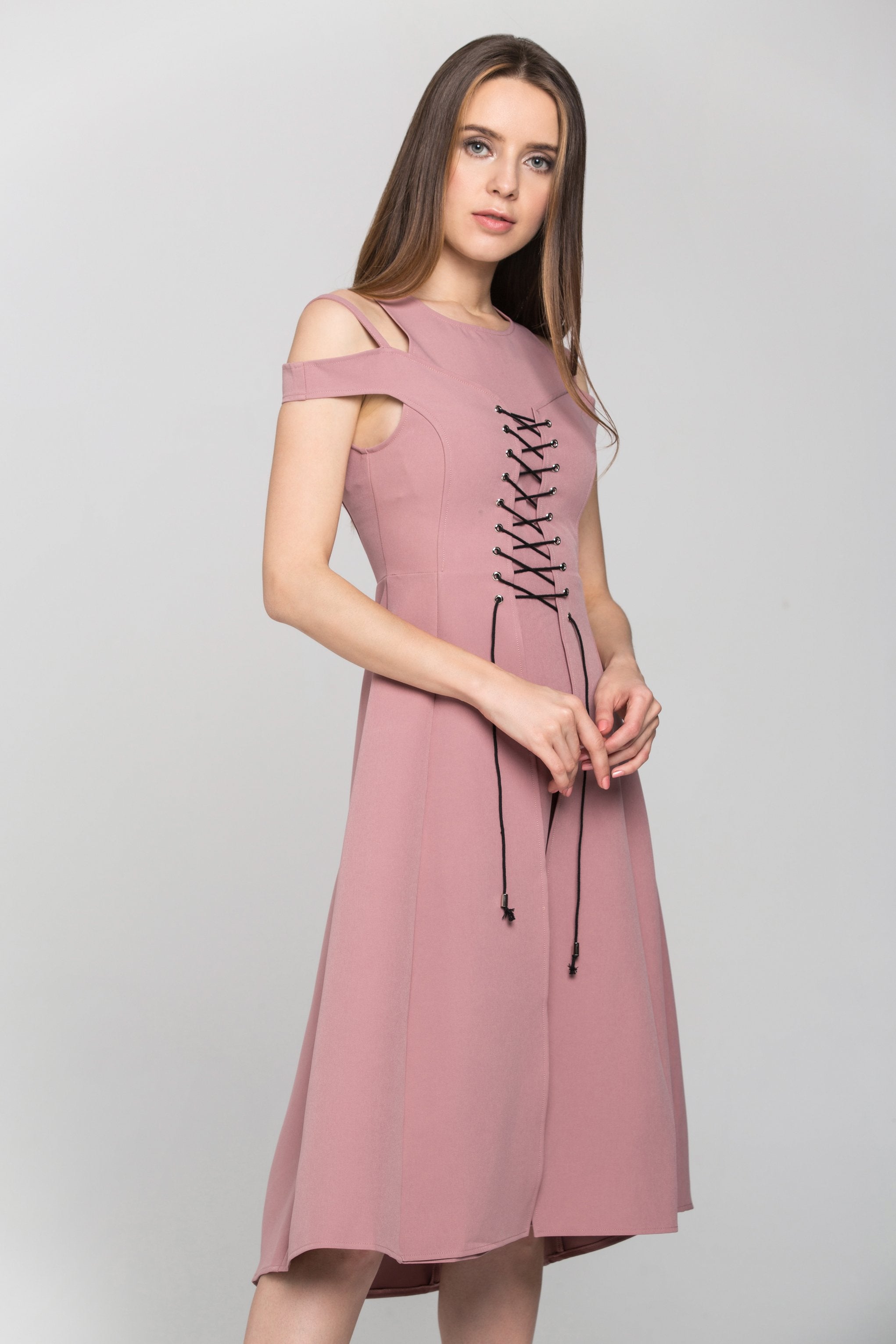 Pink Layered Cold Shoulder Corset Midi Dress - ownthelooks-Development
