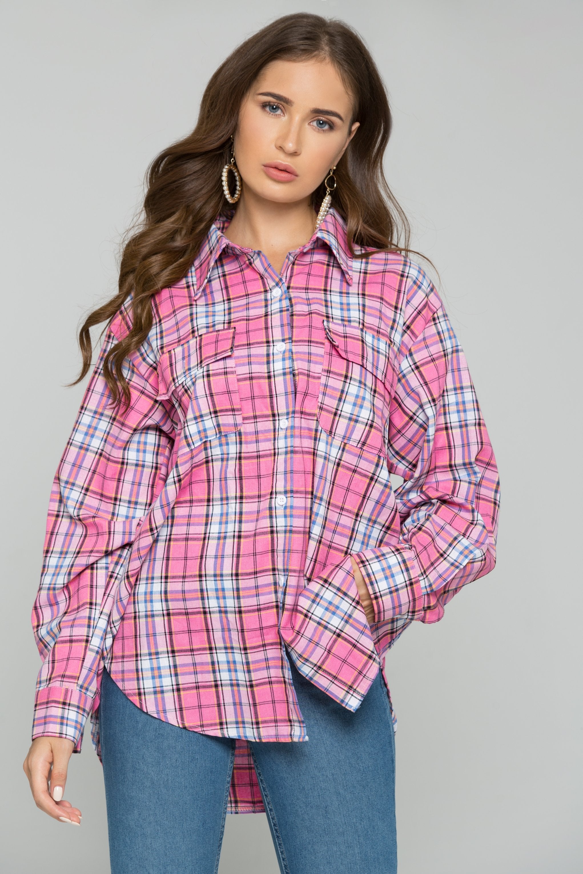 Pink Plaid Front Pocket Button Up Top - ownthelooks-Development