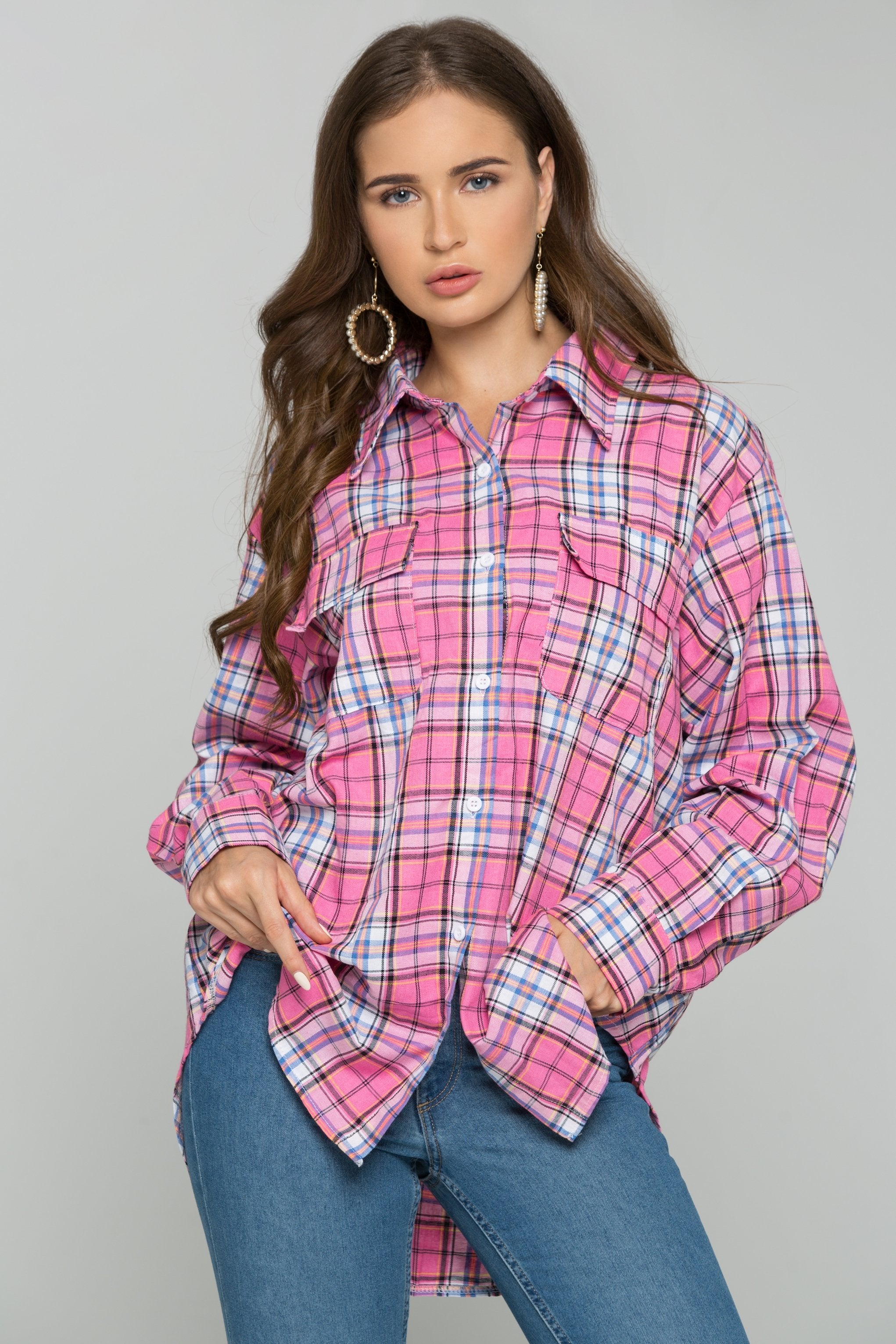 Pink Plaid Front Pocket Button Up Top - ownthelooks-Development