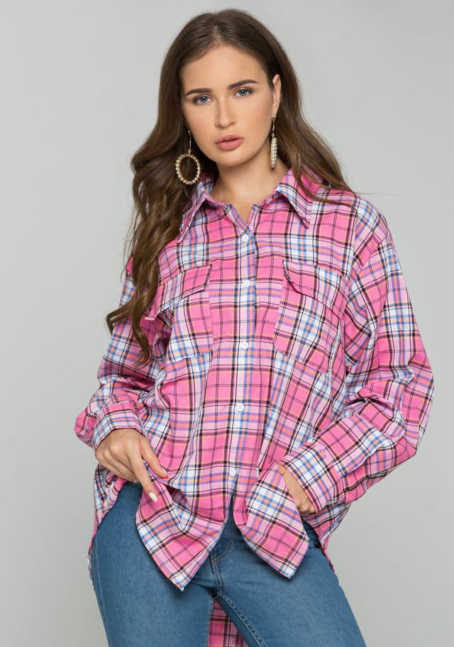 Pink Plaid Front Pocket Button Up Top - ownthelooks-Development
