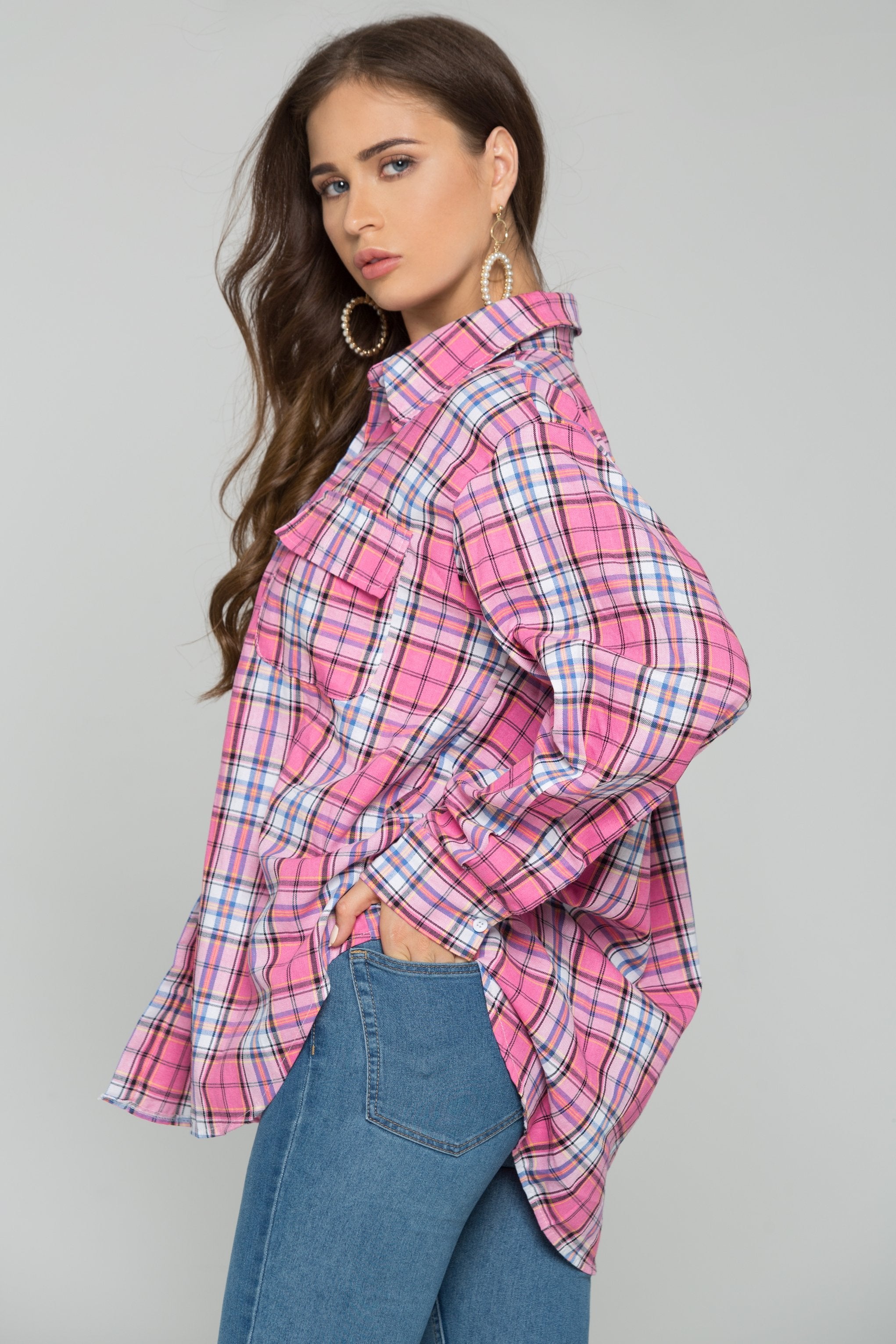 Pink Plaid Front Pocket Button Up Top - ownthelooks-Development