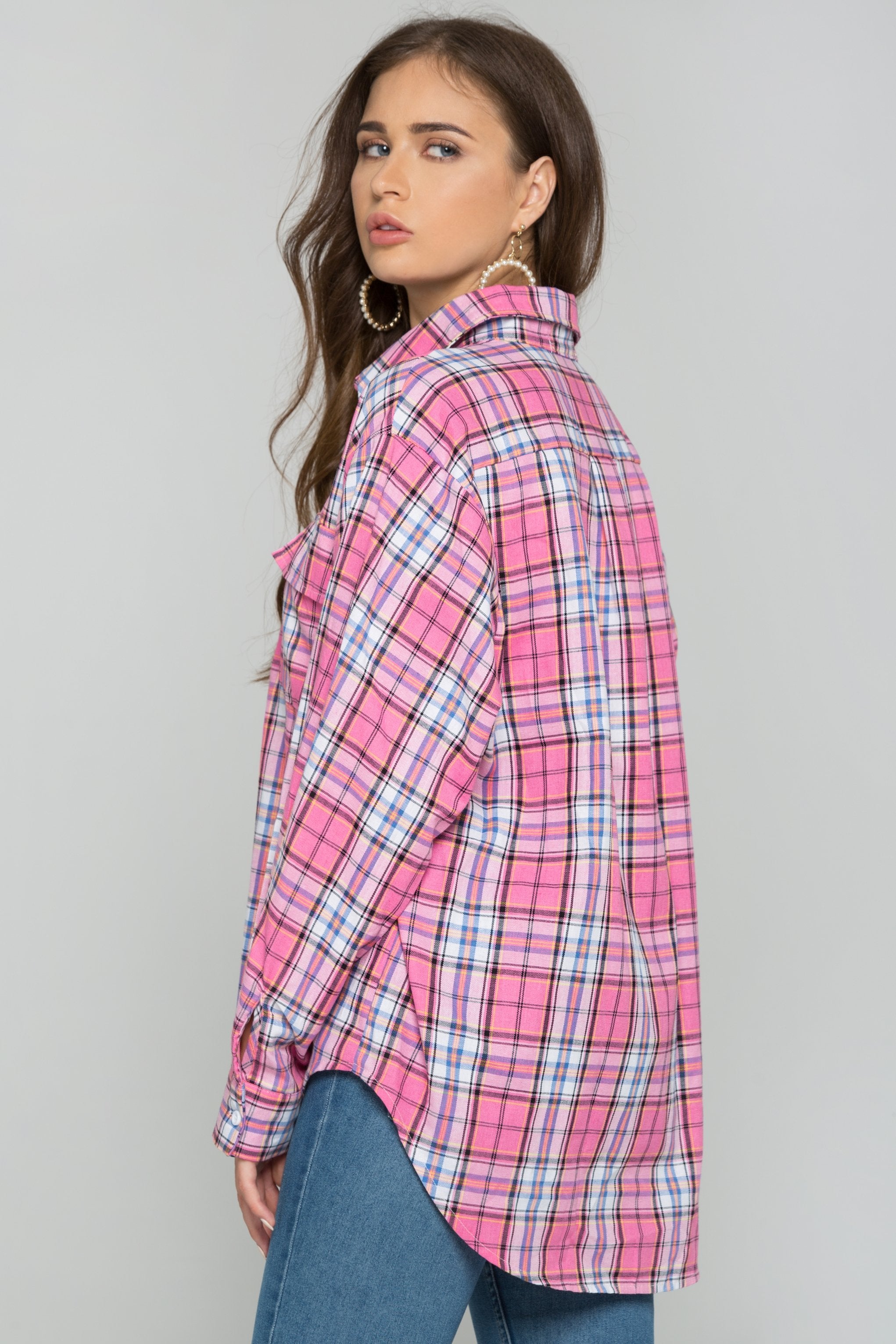 Pink Plaid Front Pocket Button Up Top - ownthelooks-Development