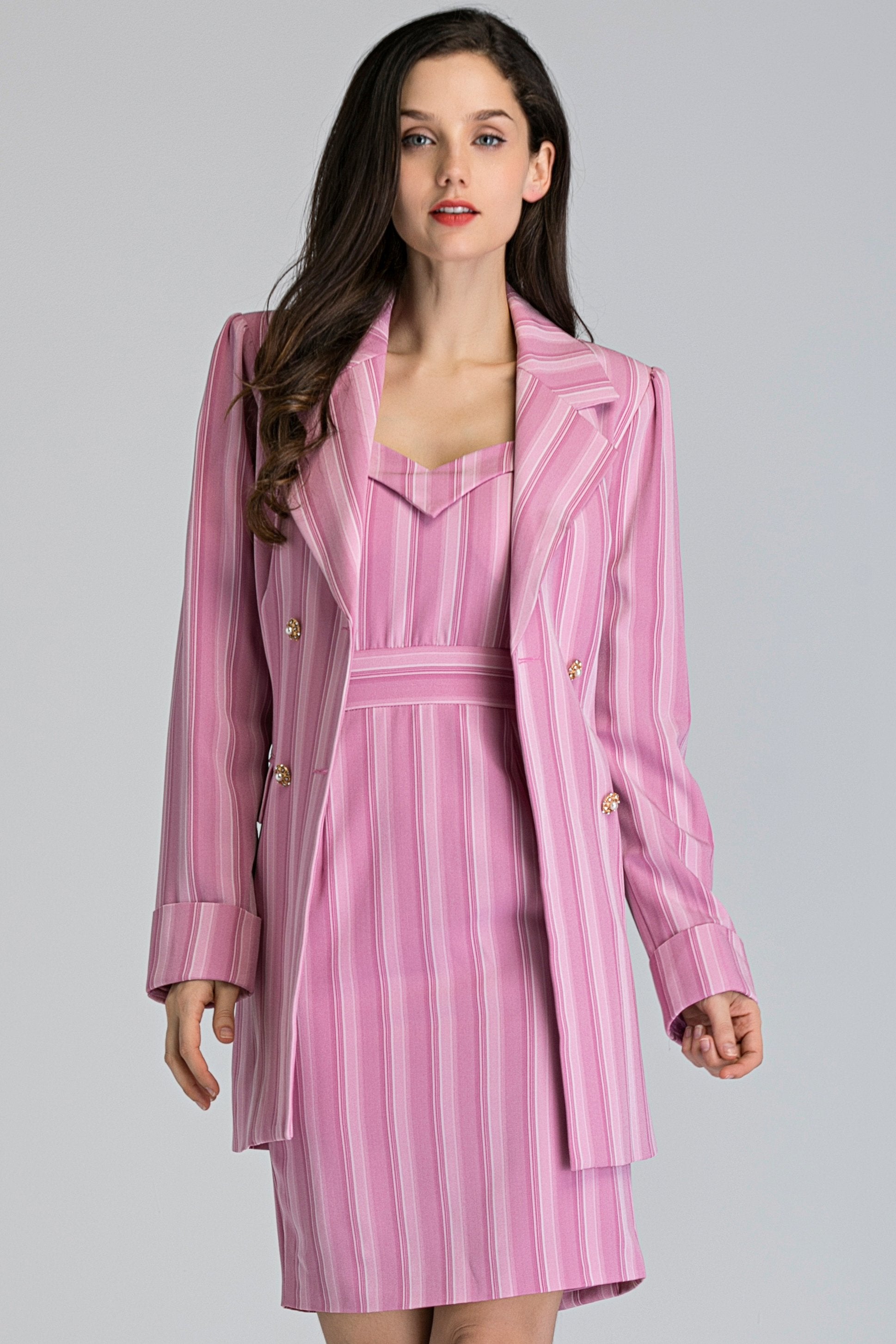 Pink Stripe Dress and Blazer Set - ownthelooks-Development