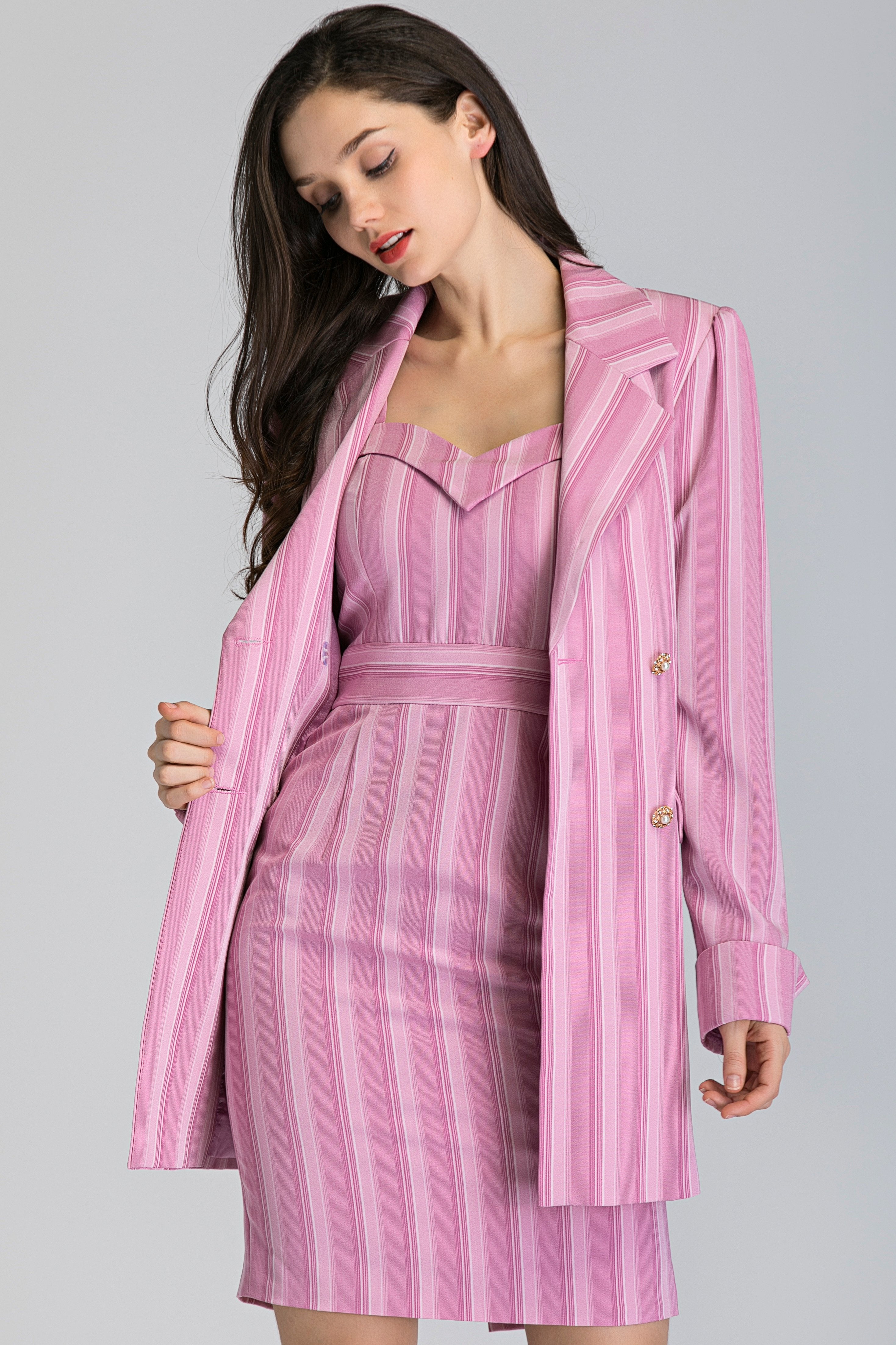 Pink Stripe Dress and Blazer Set - ownthelooks-Development