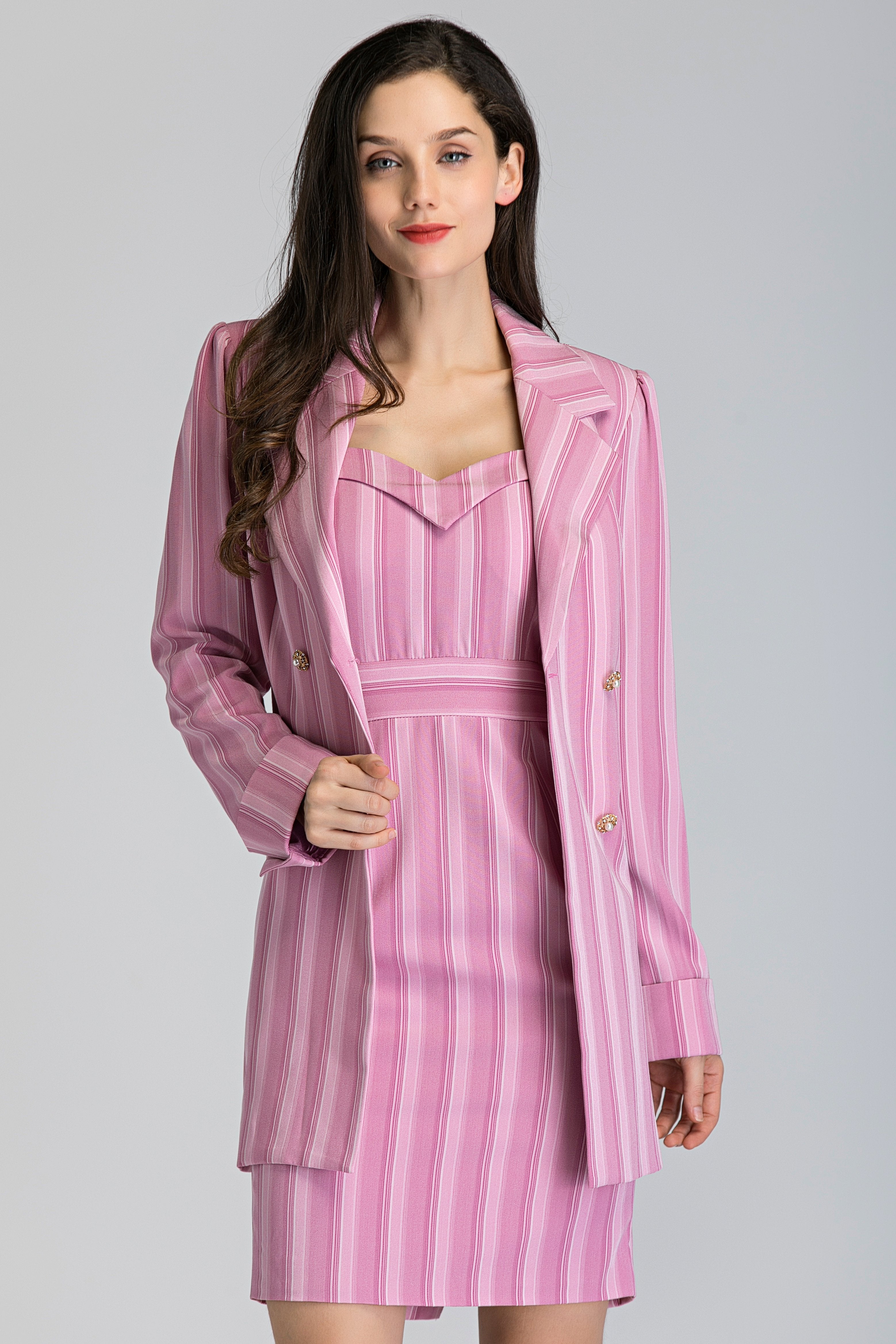 Pink Stripe Dress and Blazer Set - ownthelooks-Development
