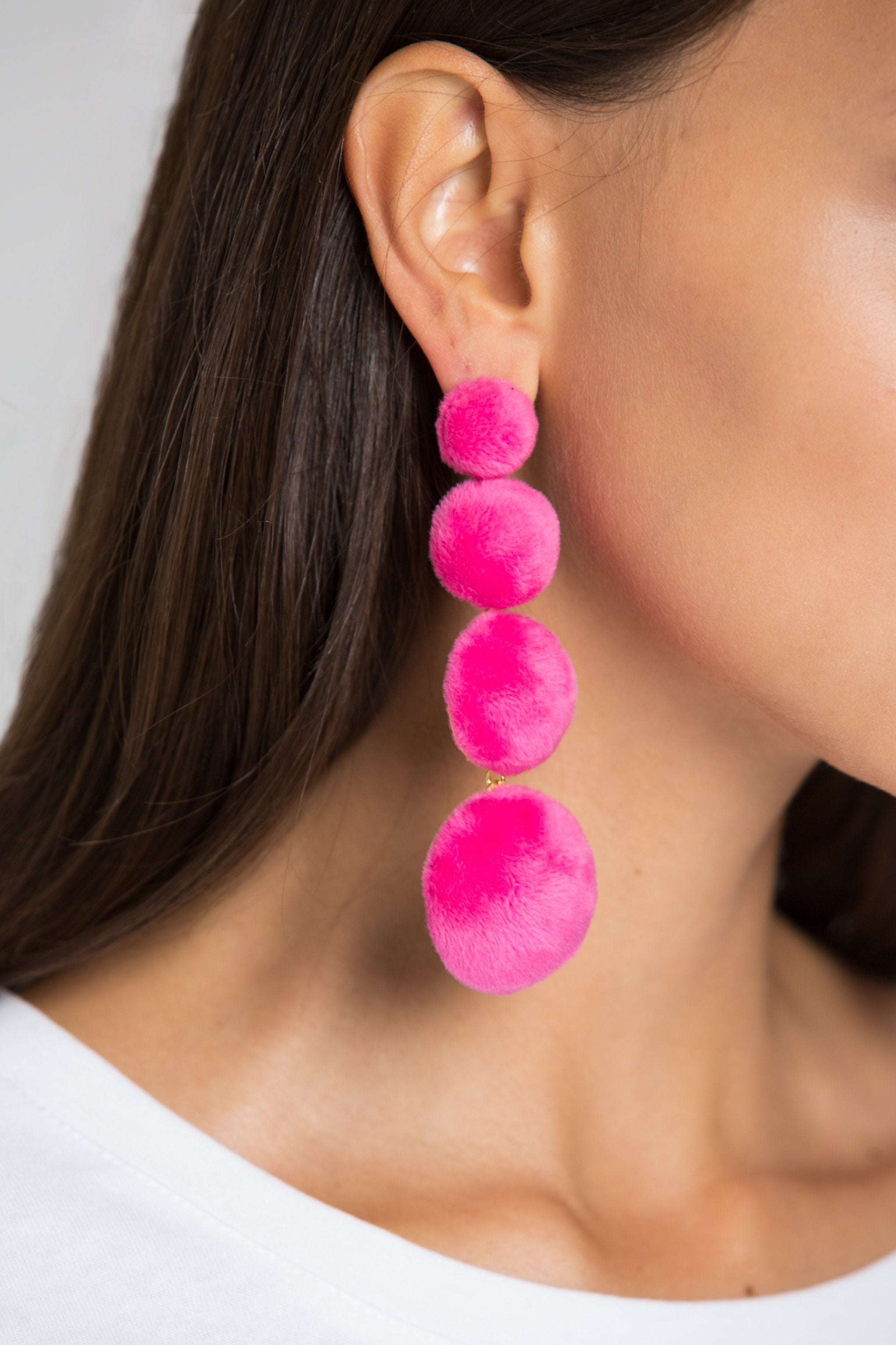 Pink Tiered Fur Button Earrings - ownthelooks-Development