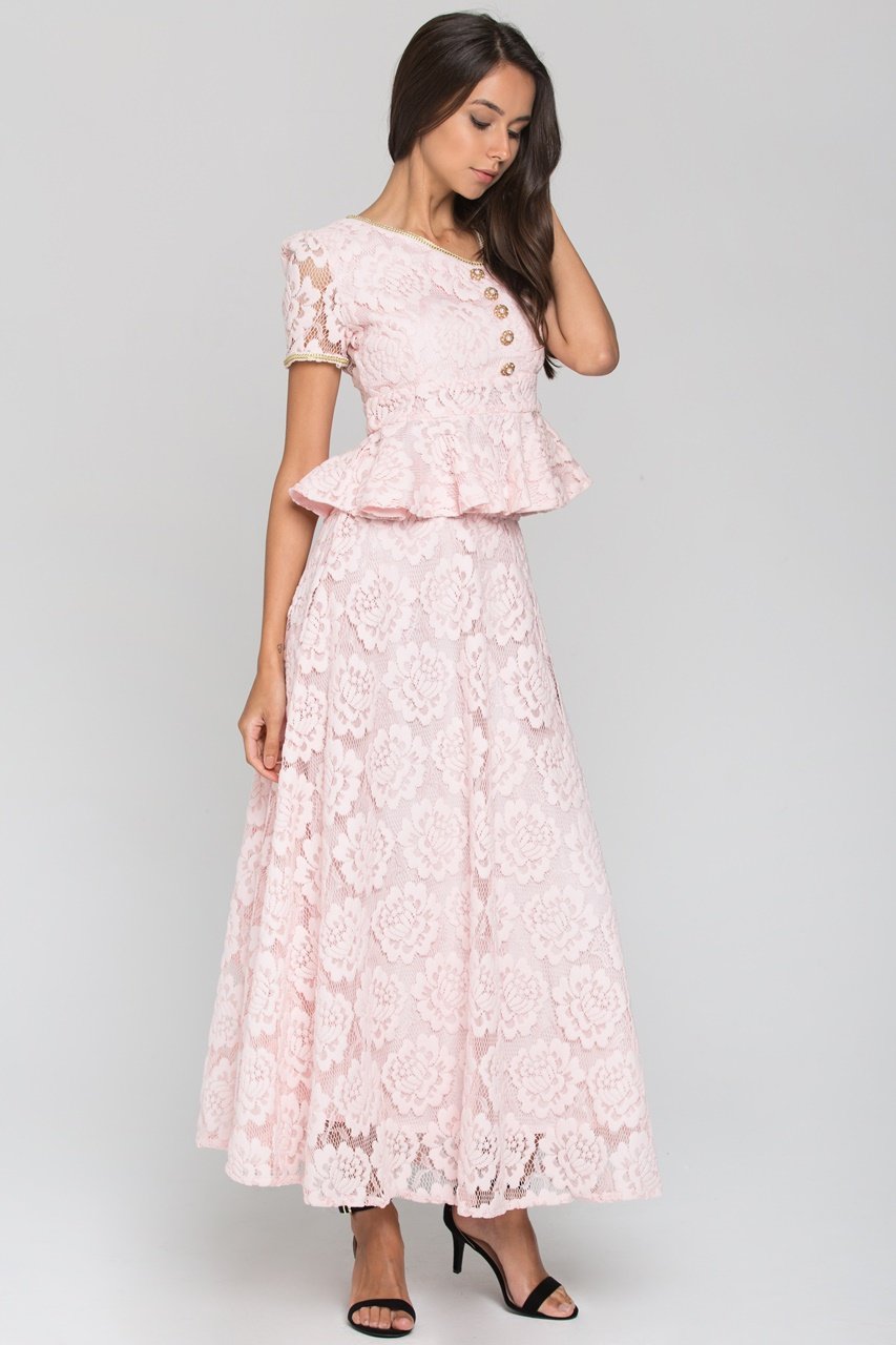 Pink Velvet Flower Lace Midi Dress - ownthelooks-Development