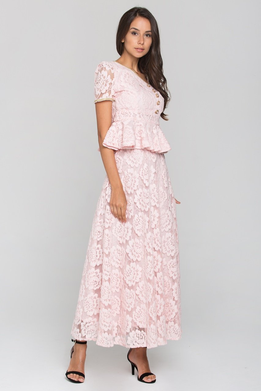Pink Velvet Flower Lace Midi Dress - ownthelooks-Development
