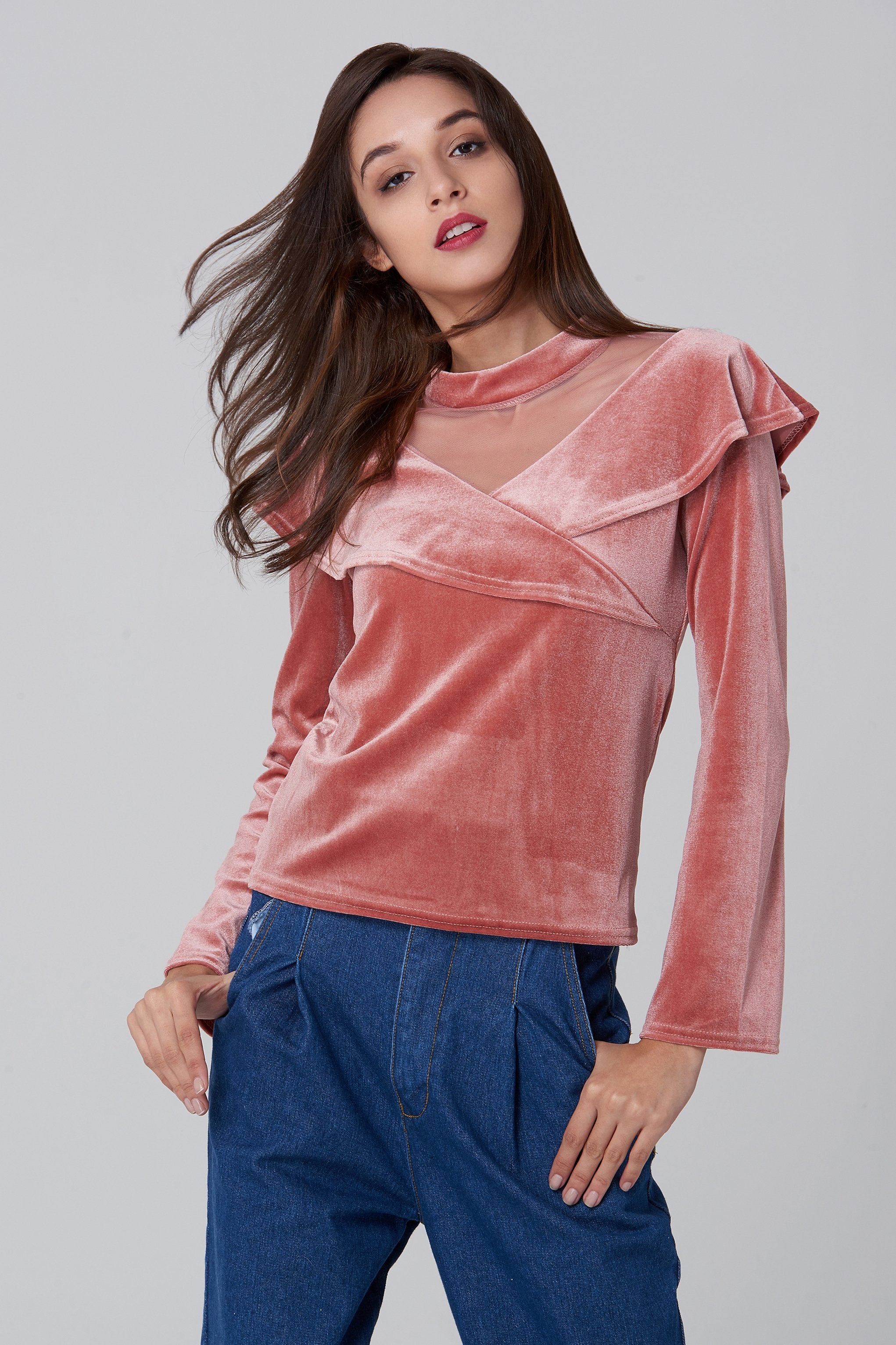 Pink Velvet Shawl Lapel Top - ownthelooks-Development