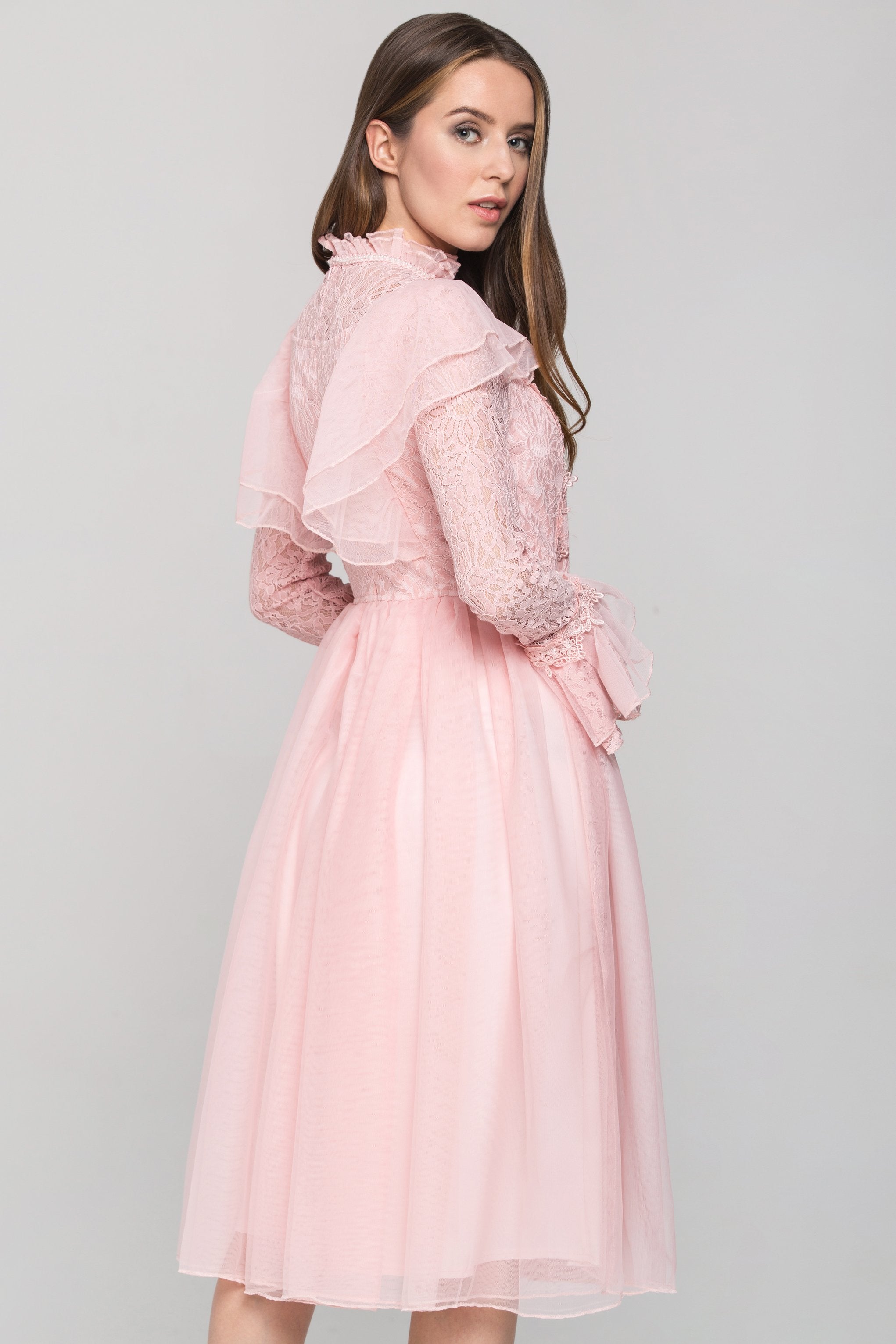 Pink Vintage Ruffle Lace Midi Dress - ownthelooks-Development