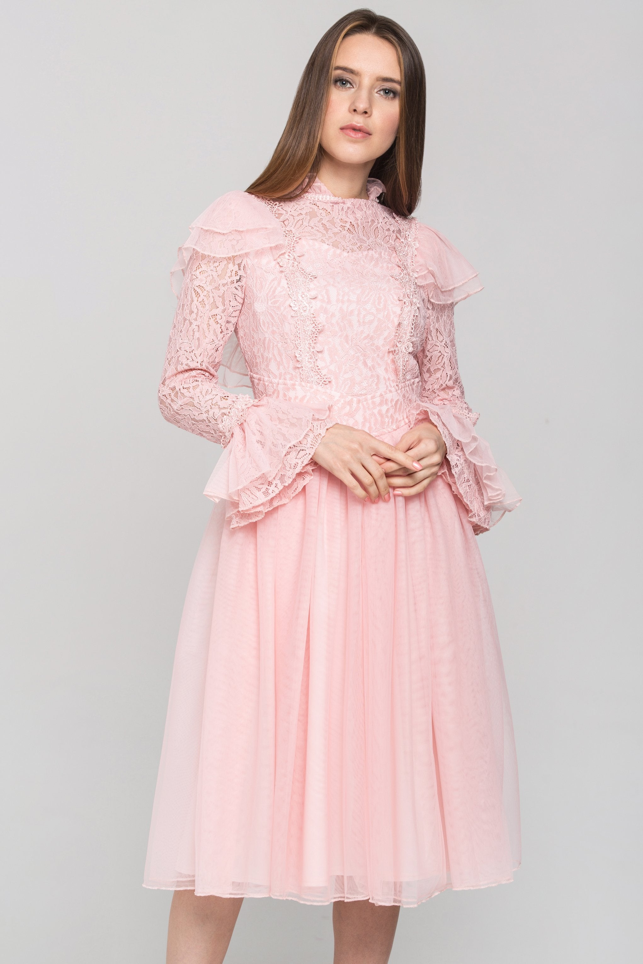 Pink Vintage Ruffle Lace Midi Dress - ownthelooks-Development